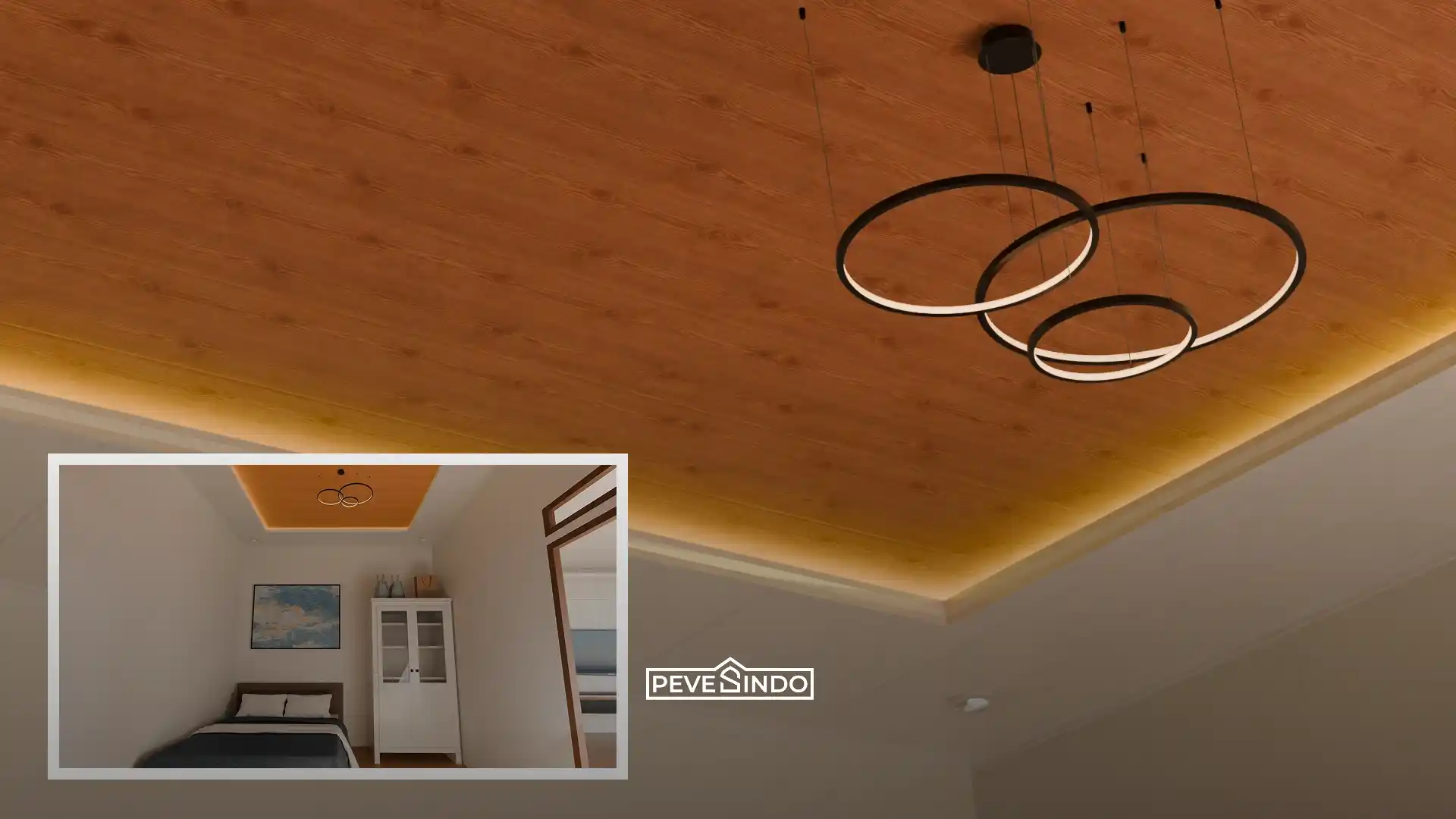 Kamar tidur dengan plafon PVC drop ceiling motif kayu dan lampu LED tersembunyi.