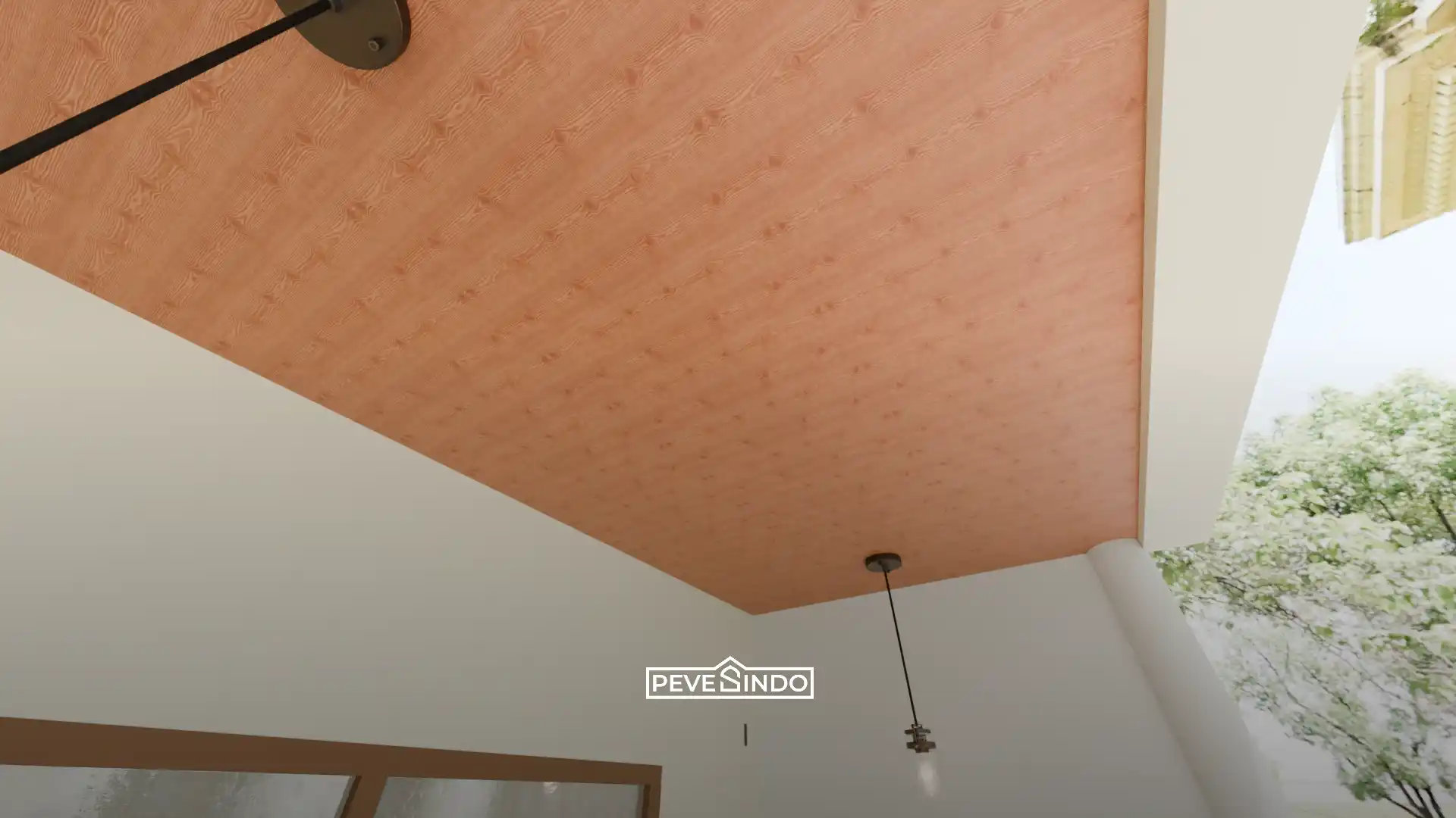 Plafon PVC motif kayu terang pada teras semi-outdoor dengan gaya modern.