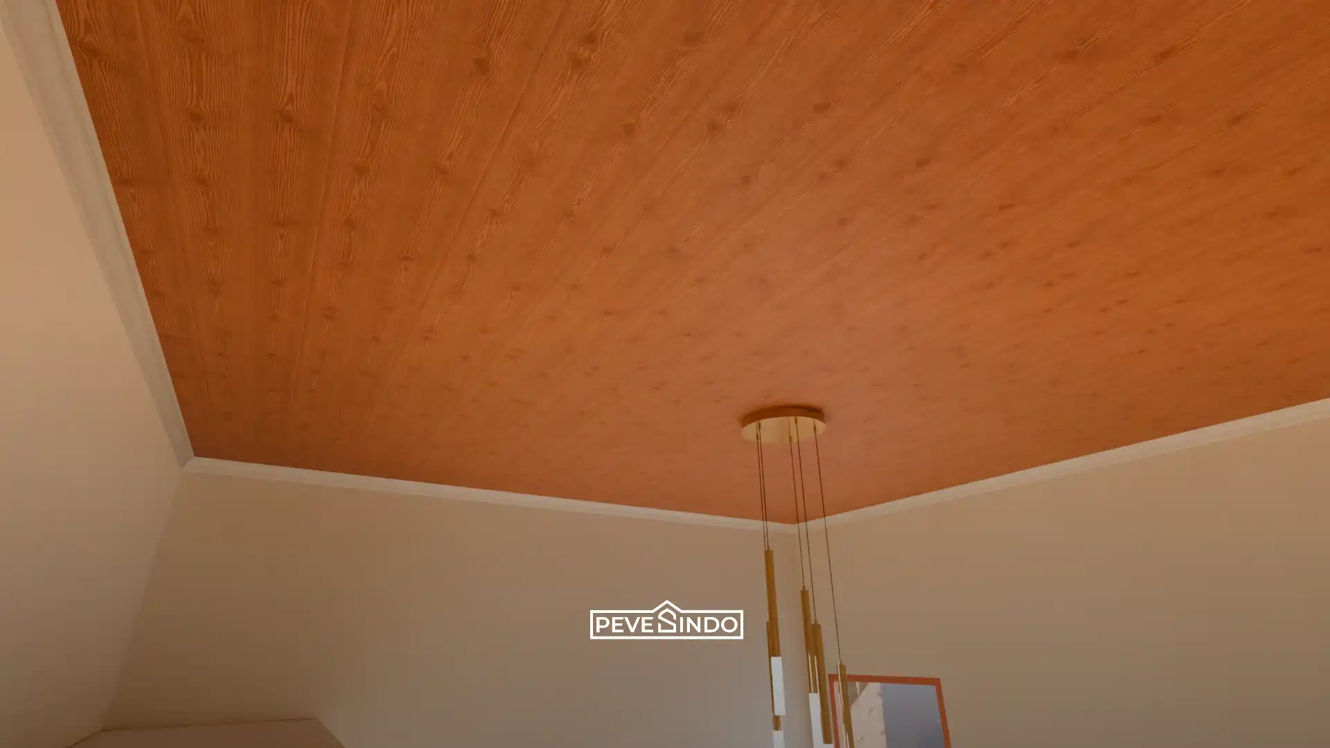 Plafon PVC rata motif kayu cokelat dengan lis putih pada interior ruangan.