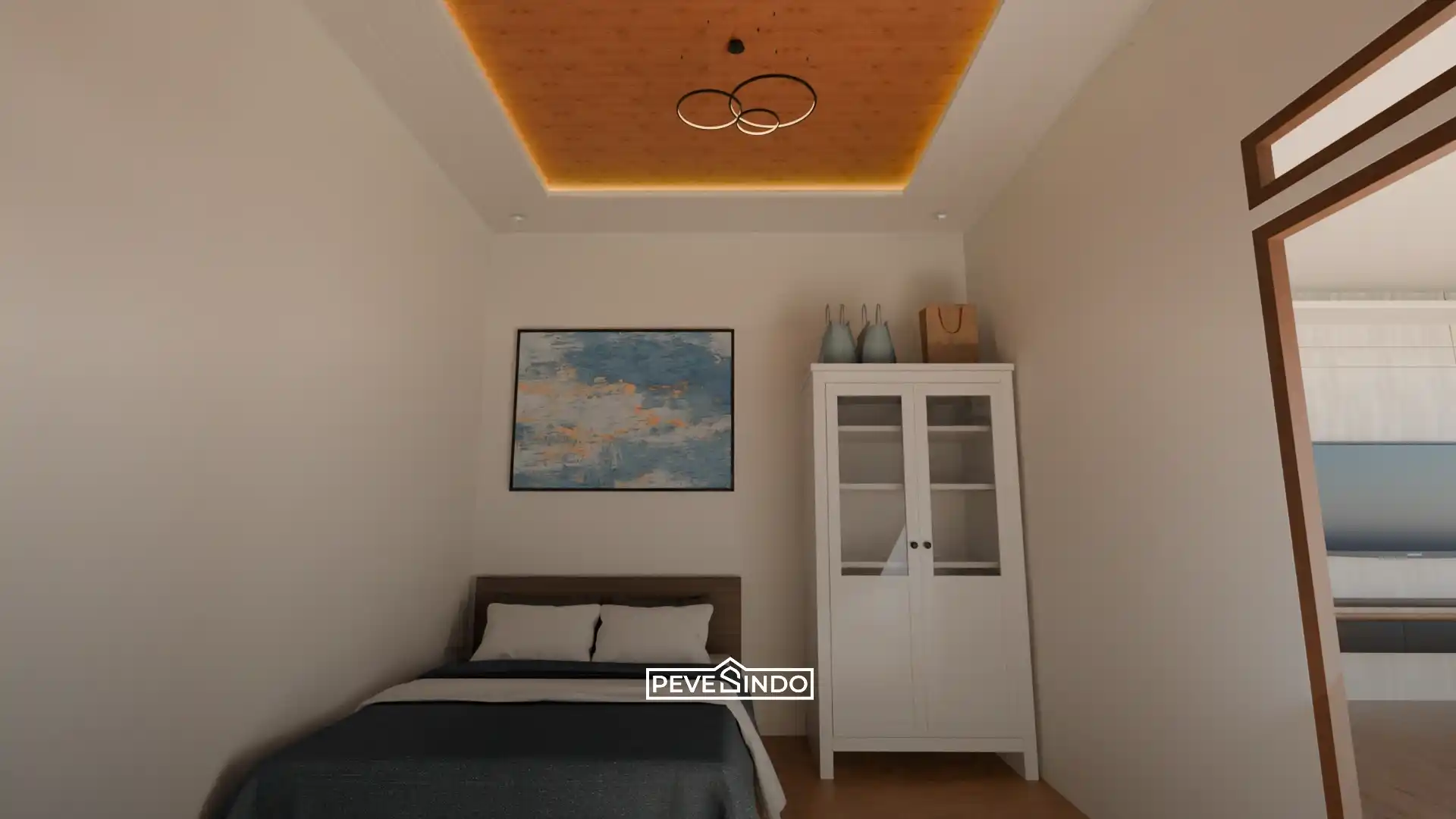 Desain plafon PVC motif kayu gelap model drop ceiling dengan lampu LED di kamar tidur modern minimalis.