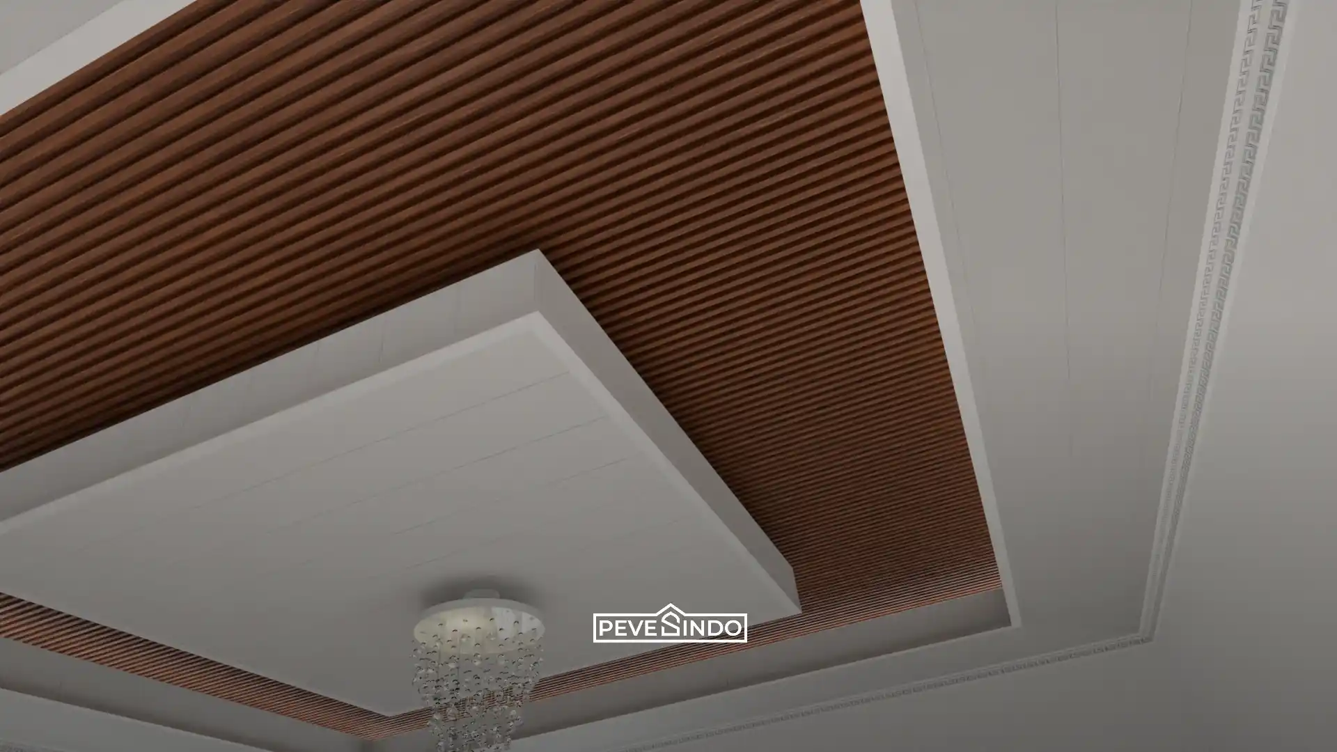Close up desain plafon PVC bertingkat kombinasi motif kayu gelap linear dan panel gelap dengan lampu gantung mewah.