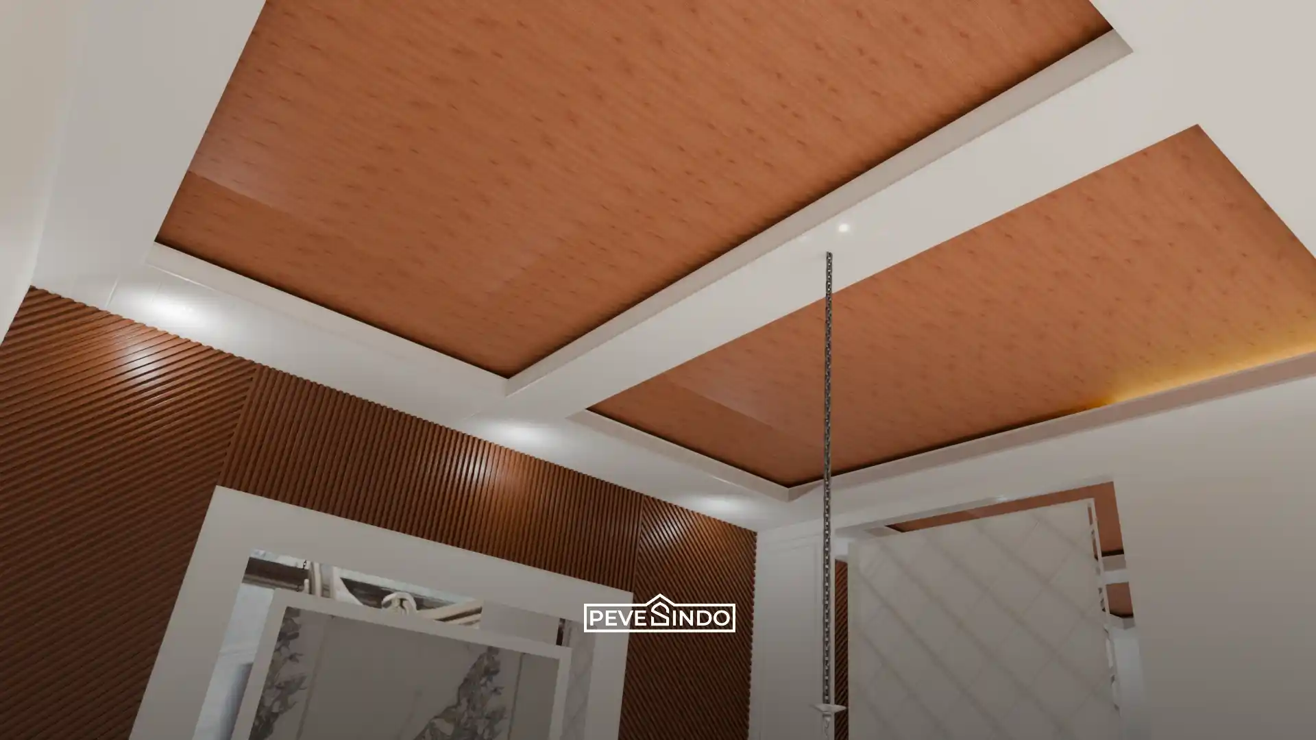 Desain interior modern dengan plafon PVC model drop ceiling motif kayu gelap yang dipadukan dengan wallpanel bertekstur garis warna cokelat tua.