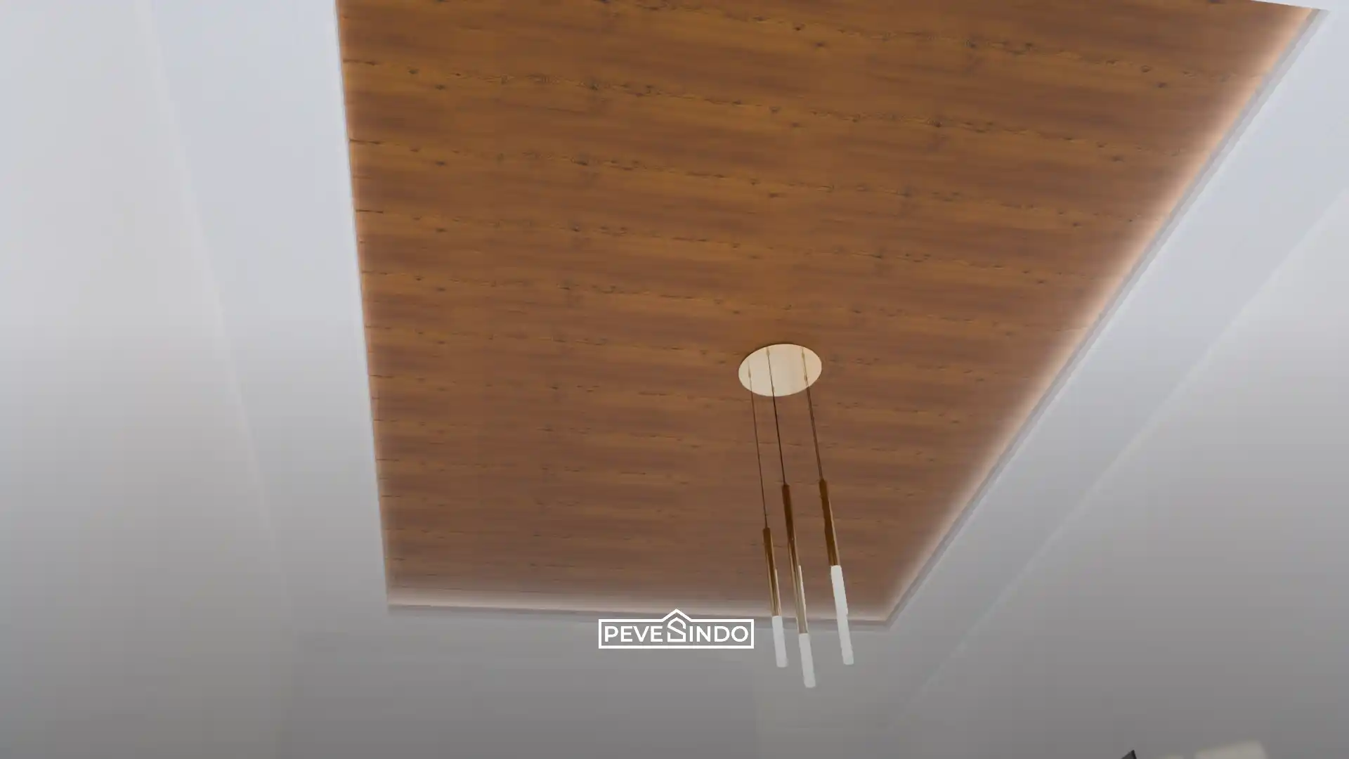 Detail desain plafon PVC motif kayu gelap model drop ceiling dengan pencahayaan hidden LED dan lampu gantung modern minimalis.