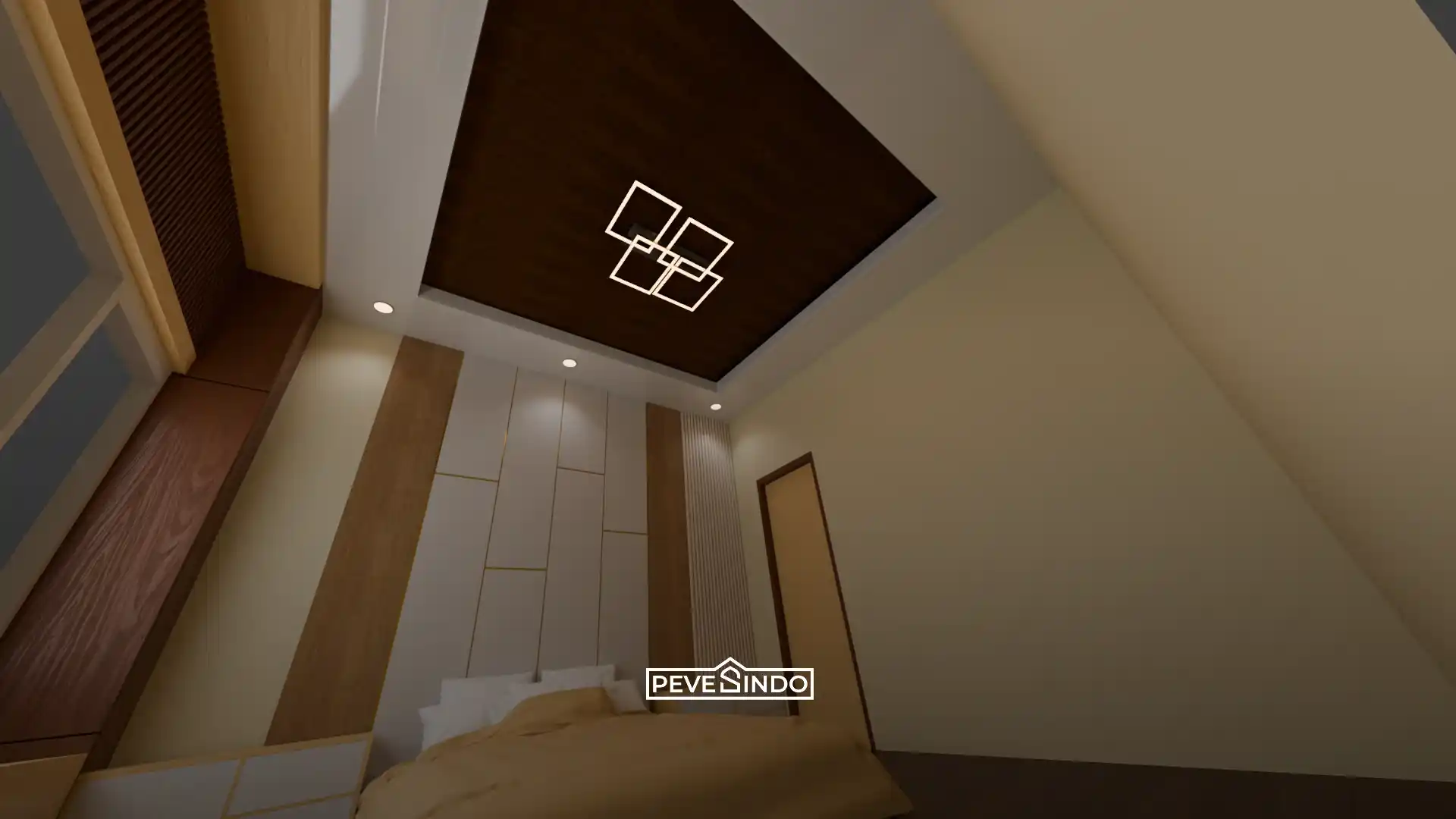 Desain kamar tidur modern dengan plafon PVC drop ceiling kombinasi warna putih dan motif kayu gelap serta lampu gantung LED geometris.