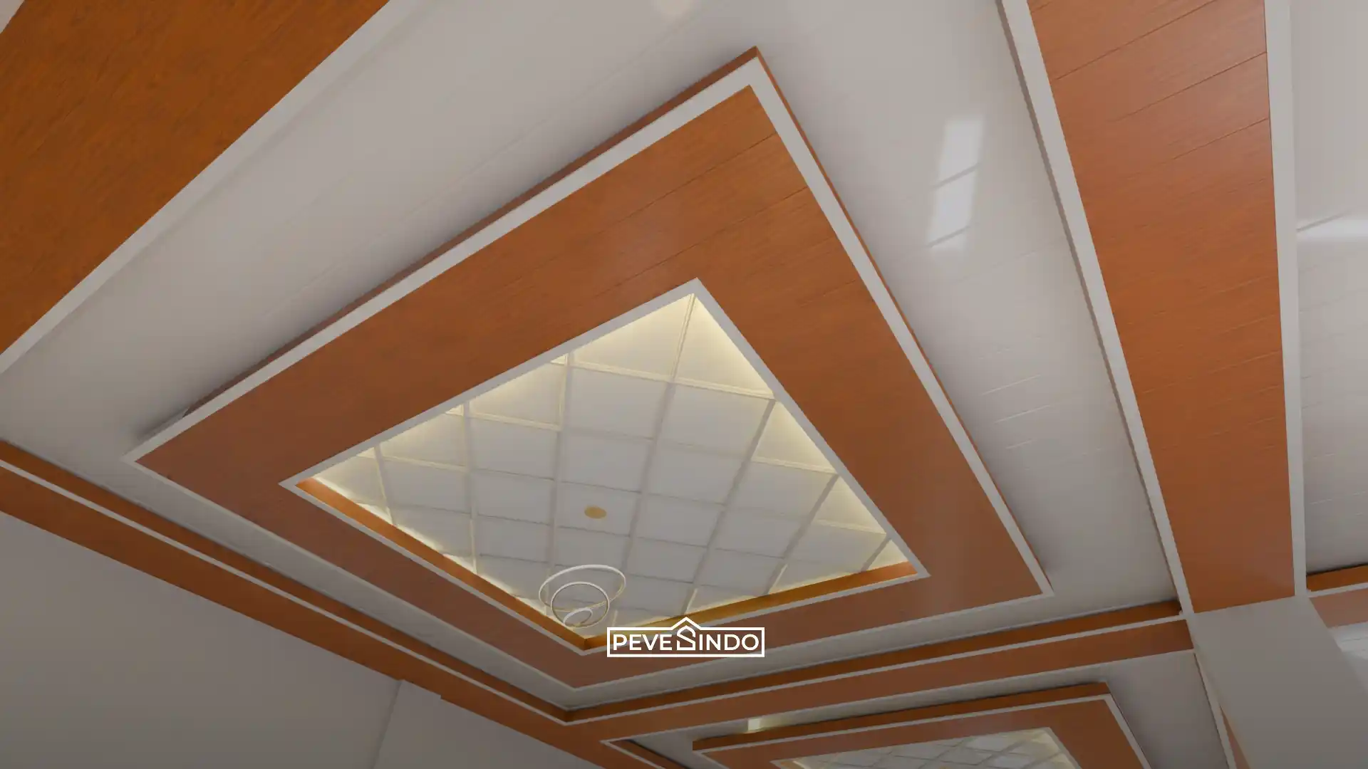 Desain plafon PVC up ceiling bertingkat perpaduan panel gelap dan aksen motif kayu dengan pencahayaan hidden LED modern.