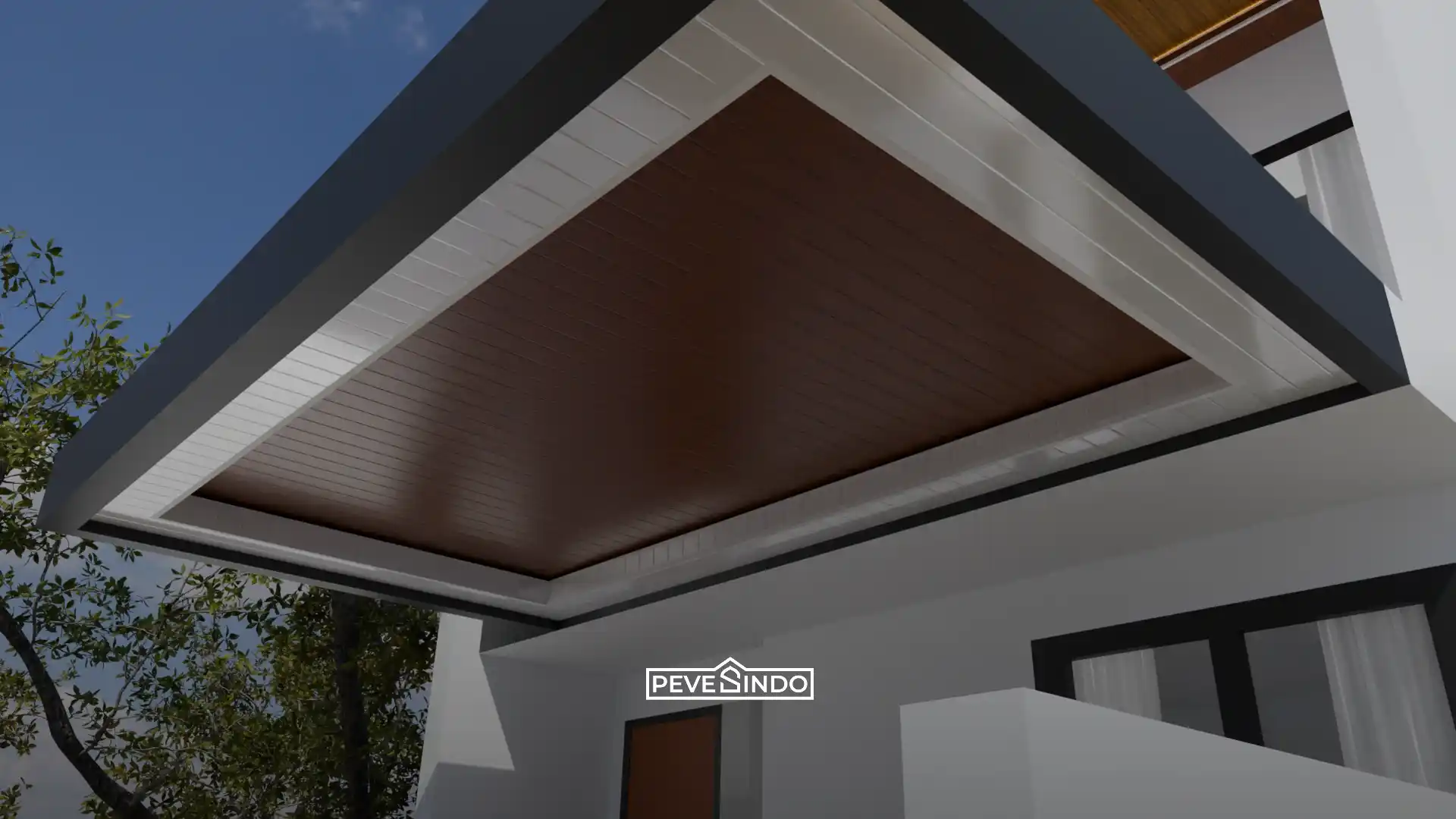 Desain plafon PVC outdoor model drop ceiling warna coklat tua motif kayu dengan kombinasi bingkai putih pada area teras rumah modern.