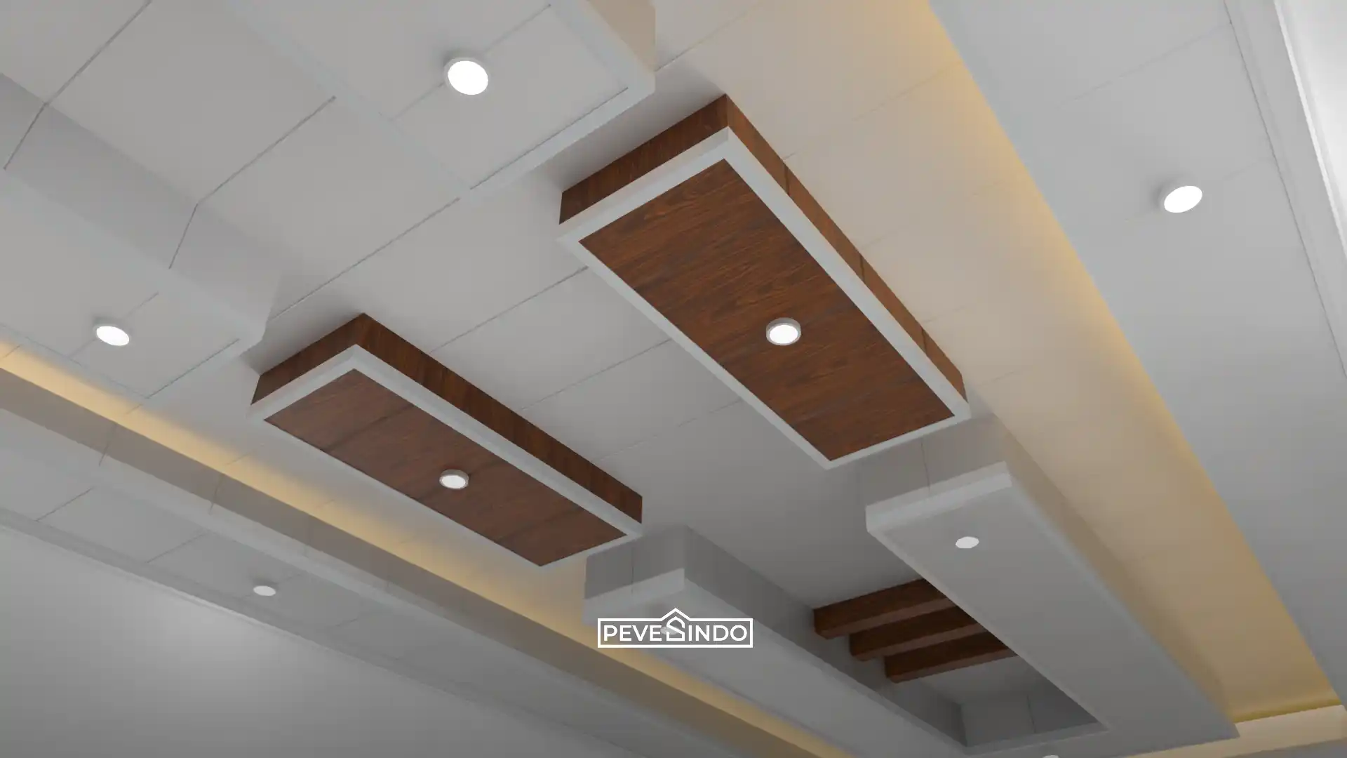 Desain plafon PVC ruang tamu minimalis modern dengan aksen panel kotak motif kayu coklat tua, lampu downlight putih, dan pencahayaan indirect warm white.