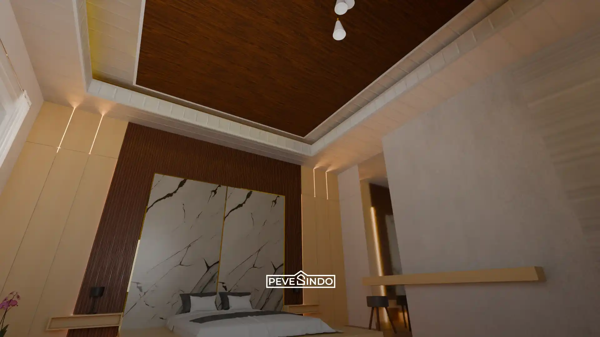 Desain interior kamar tidur mewah menggunakan plafon PVC motif kayu coklat tua model drop ceiling yang dipadukan dengan WPC wall panel dan backdrop marmer.