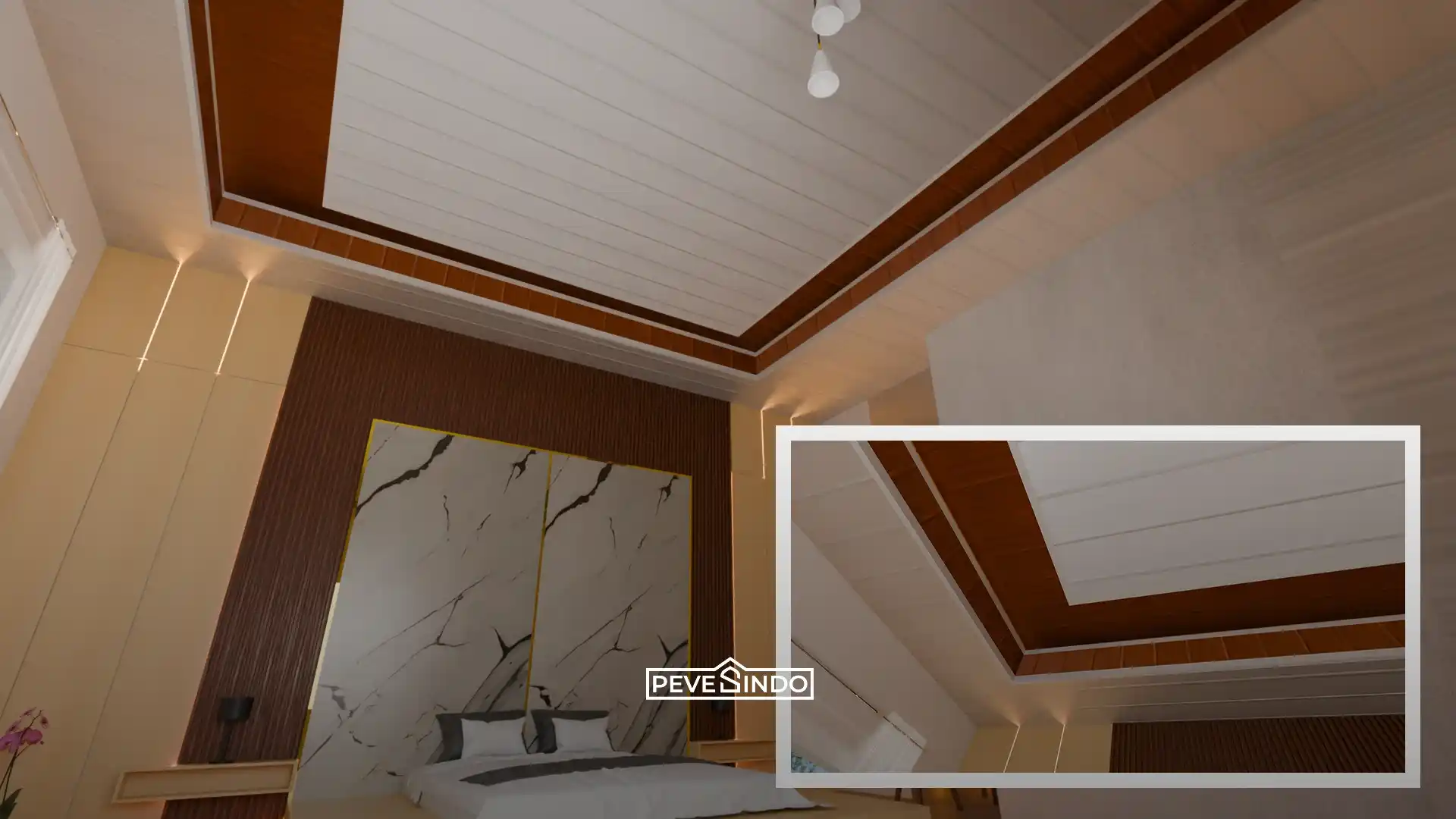 Inspirasi desain interior kamar tidur dengan plafon PVC model drop ceiling bertingkat warna putih dan coklat tua motif kayu yang dipadukan dengan pencahayaan warm white.