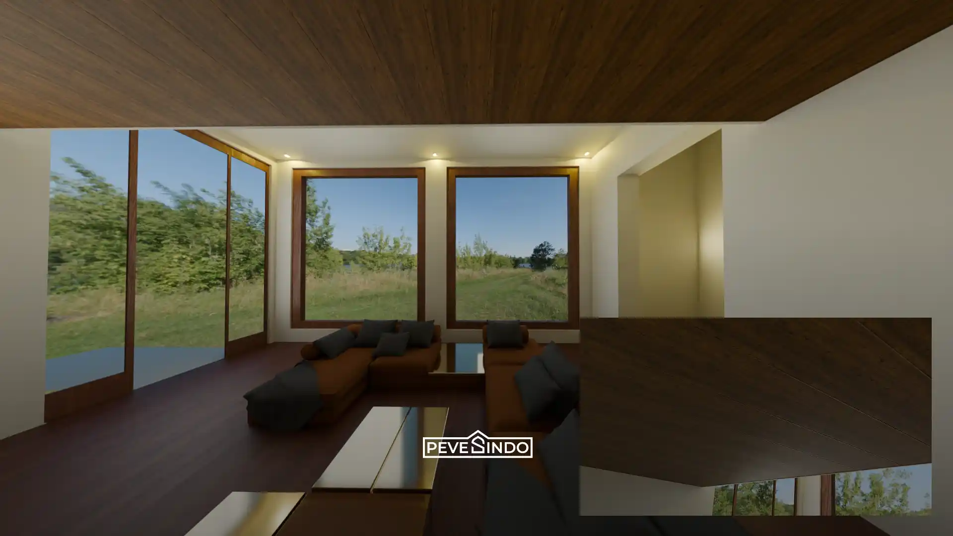 Desain interior ruang keluarga minimalis dengan plafon PVC motif kayu coklat tua yang dipadukan dengan jendela kaca besar dan furnitur berwarna senada.