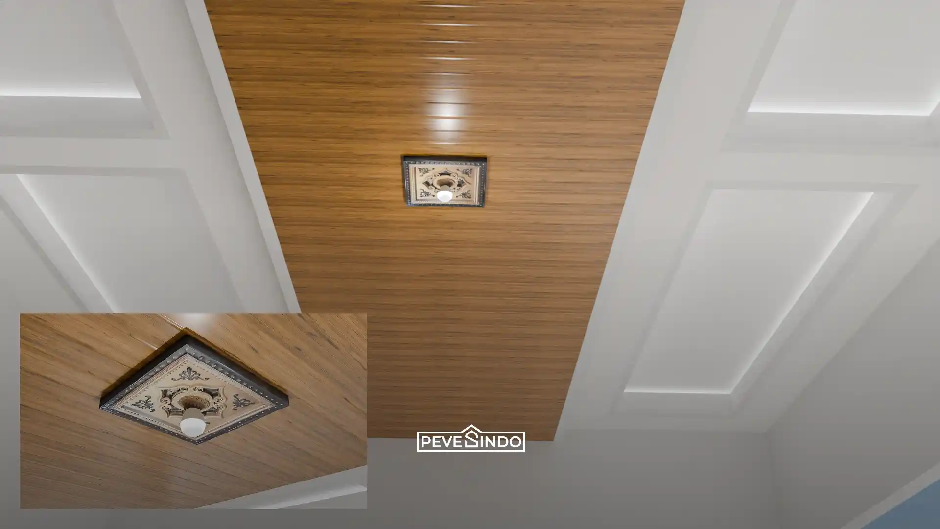 Desain plafon PVC ruang tamu modern model drop ceiling kombinasi panel motif kayu coklat dan putih yang dilengkapi ornamen lampu gantung dekoratif.