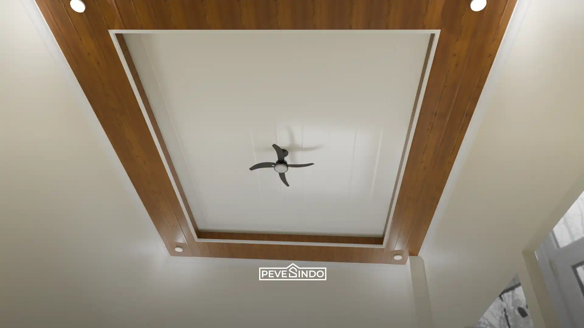 Desain plafon PVC modern model drop ceiling perpaduan warna coklat motif kayu dan putih dengan instalasi kipas angin gantung serta lampu downlight minimalis.