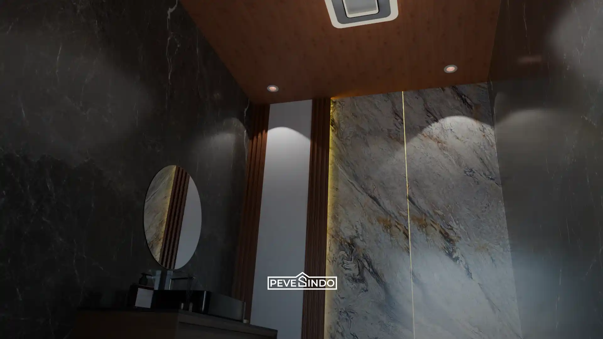 Desain interior kamar mandi mewah dengan plafon PVC motif kayu coklat tua, dinding UV board motif marmer gelap, dan aksen WPC wall panel serta pencahayaan indirect yang hangat.