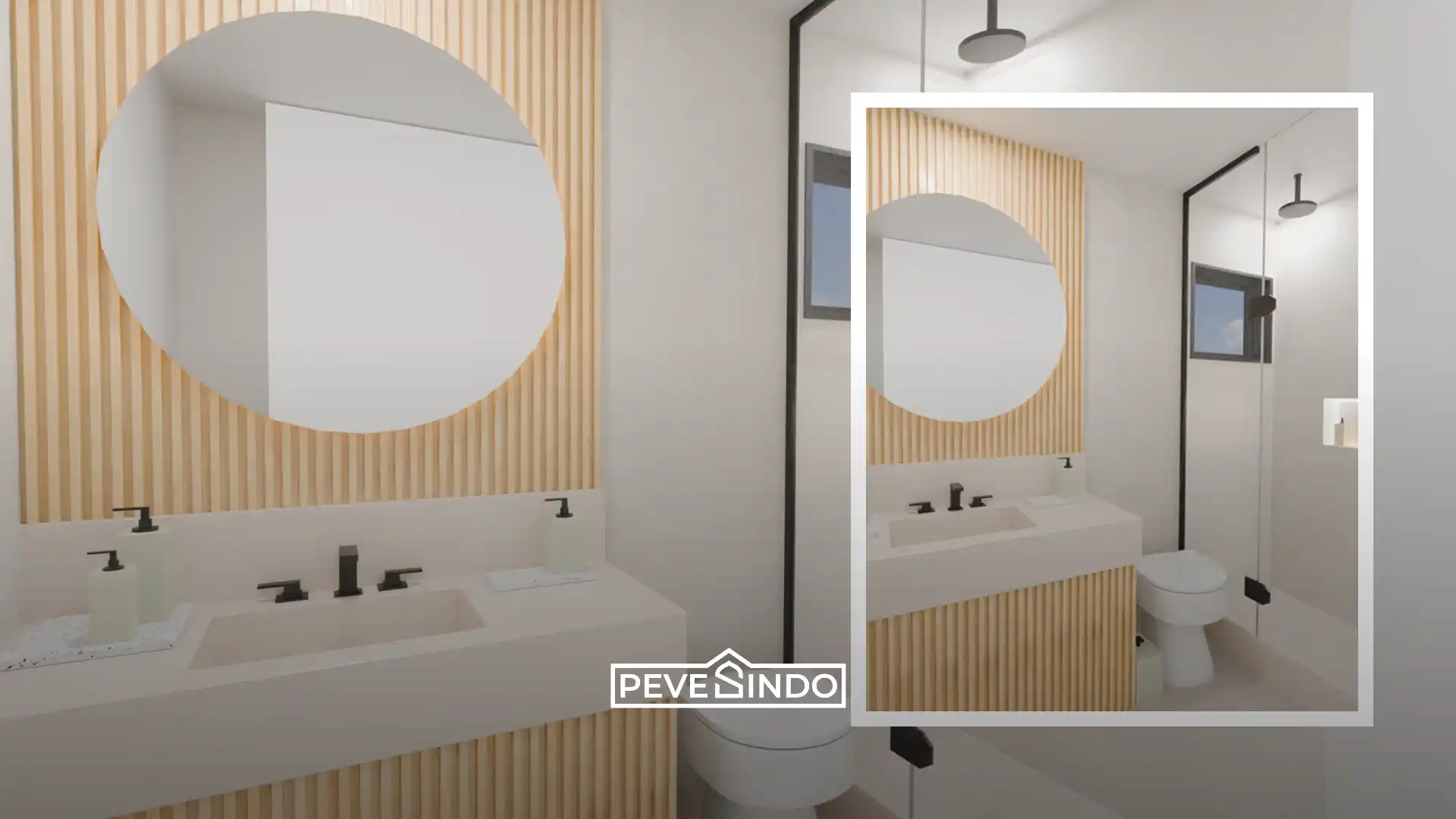 Desain dinding kamar mandi anti air menggunakan wpc panel warna cokelat kayu.