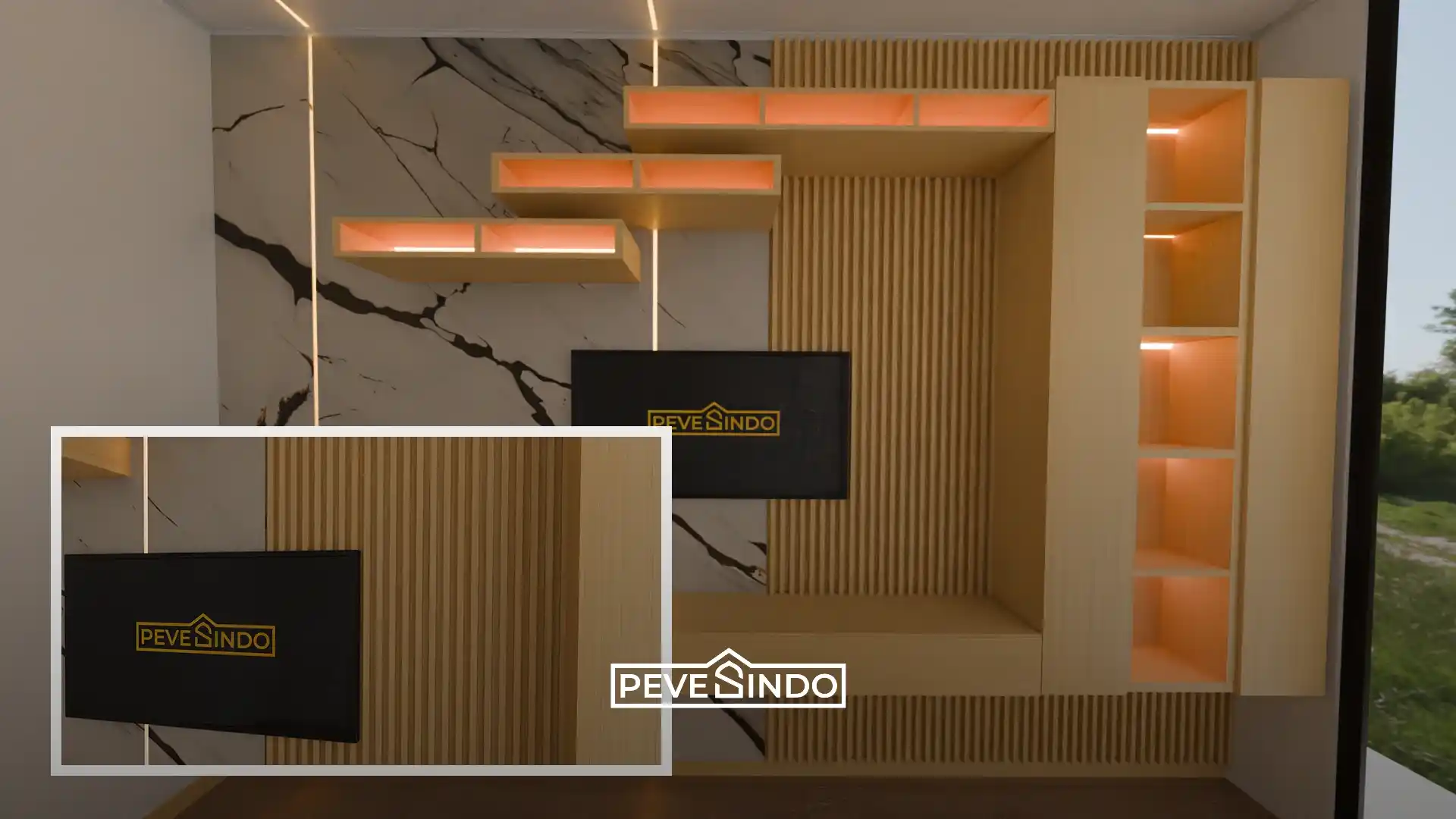 WPC panel terpasang rapi di belakang TV ruang keluarga untuk menyembunyikan kabel.