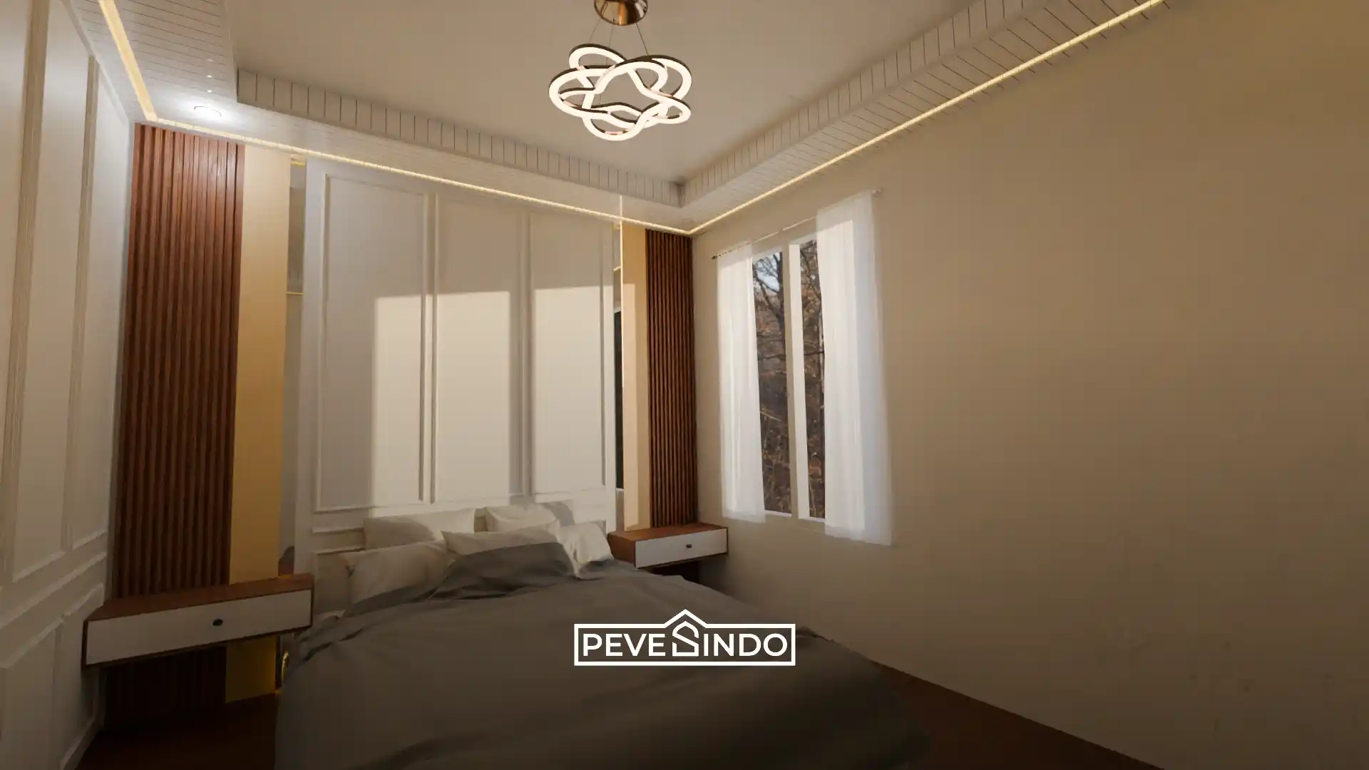 Kamar tidur daerah pesisir yang menggunakan wpc panel agar dinding tidak berjamur.