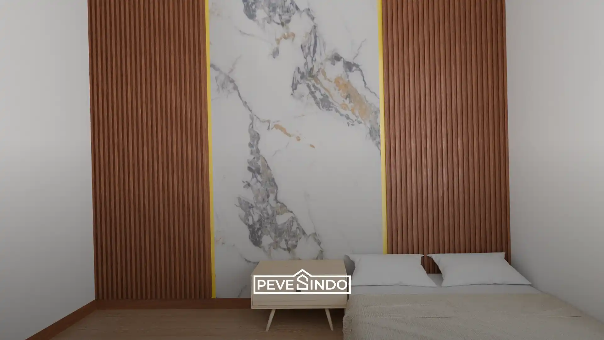 Ruang tamu dengan desain pelapis dinding motif marmer yang elegan dan hemat biaya.