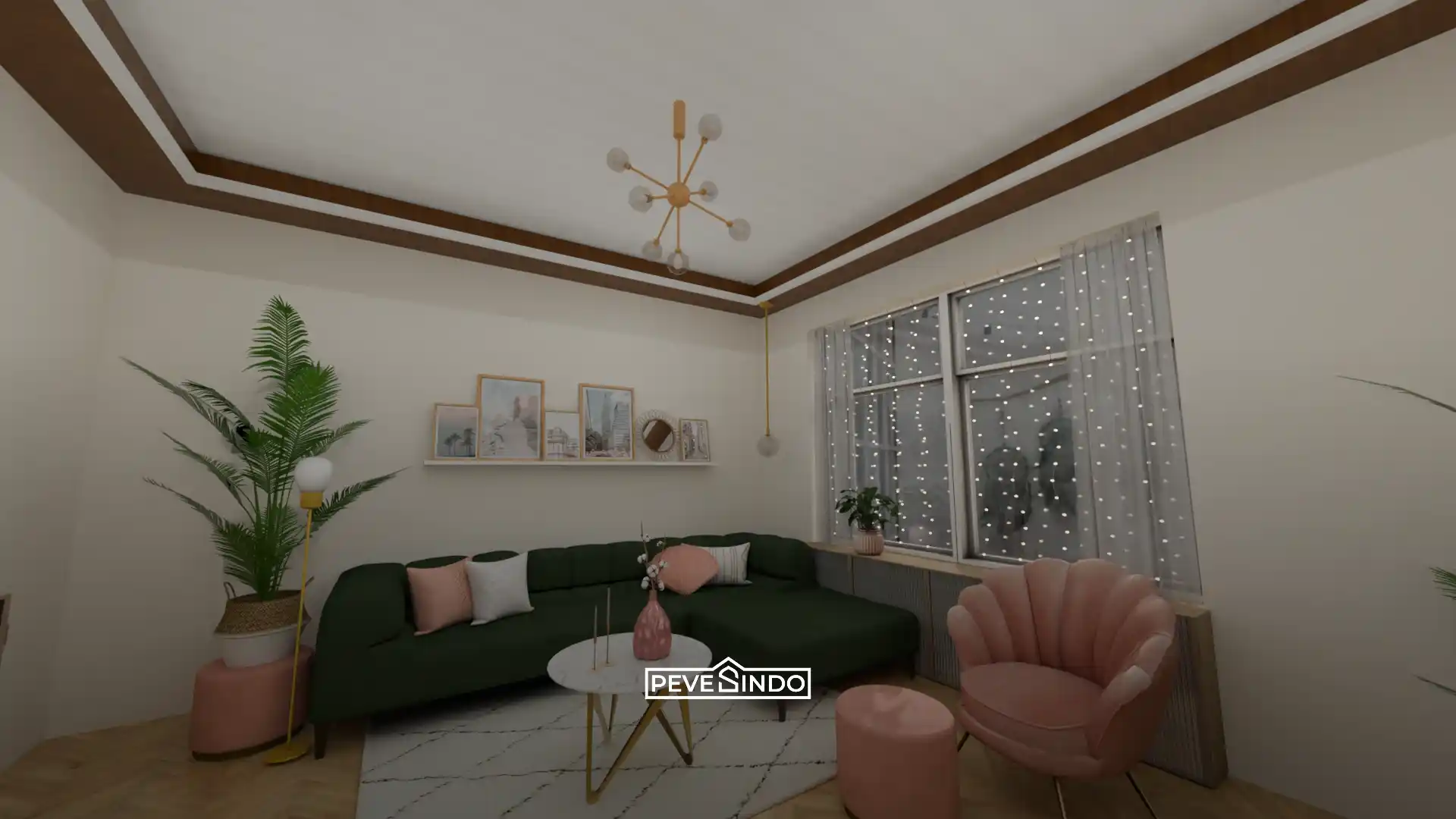 Suasana ruang keluarga nyaman dengan plafon PVC motif serat kayu elegan.