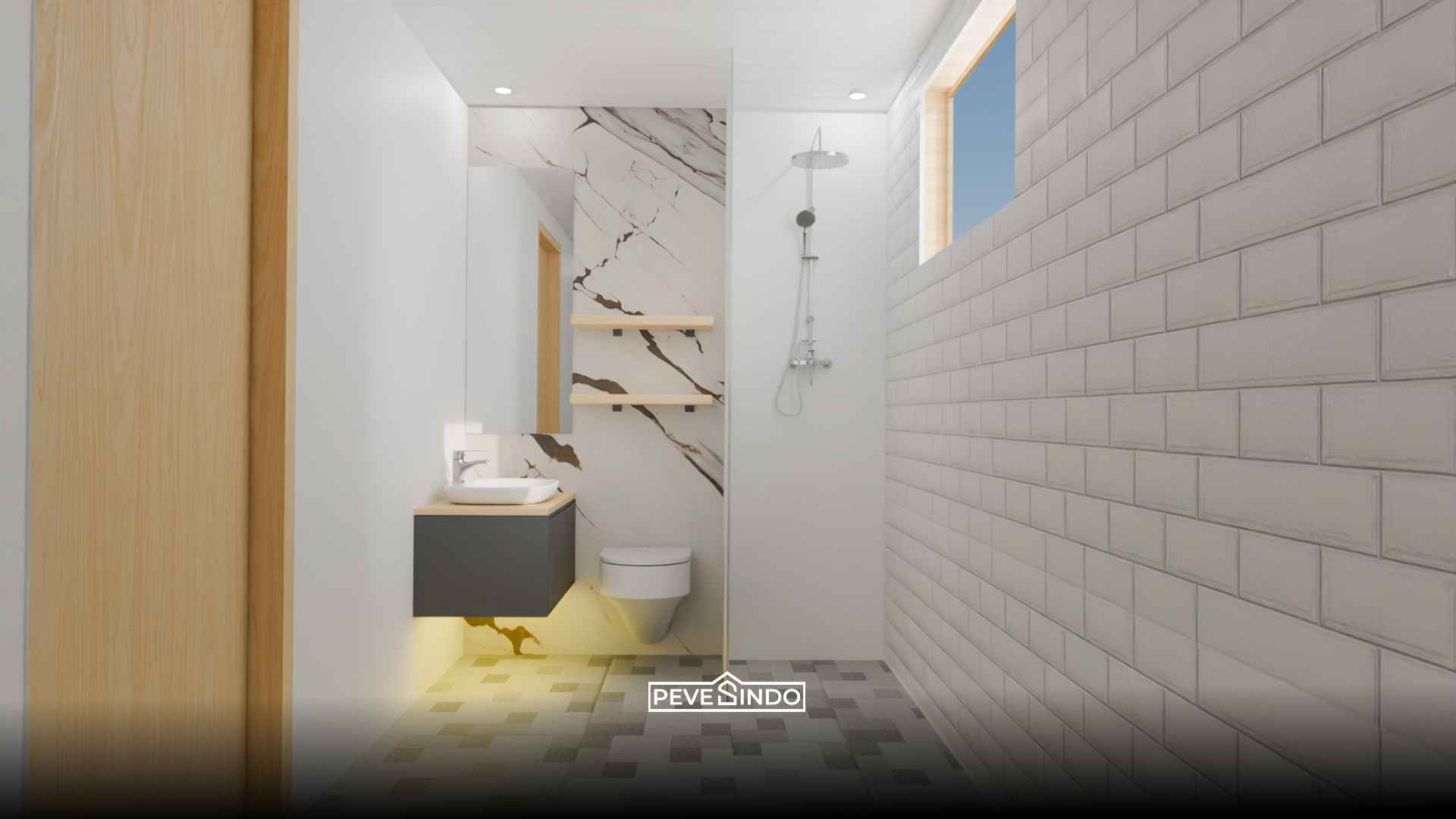 Desain kamar mandi modern minimalis dengan pelapis dinding UV board motif marmer dan panel dinding tekstur bata putih tahan air untuk mengatasi area lembap.
