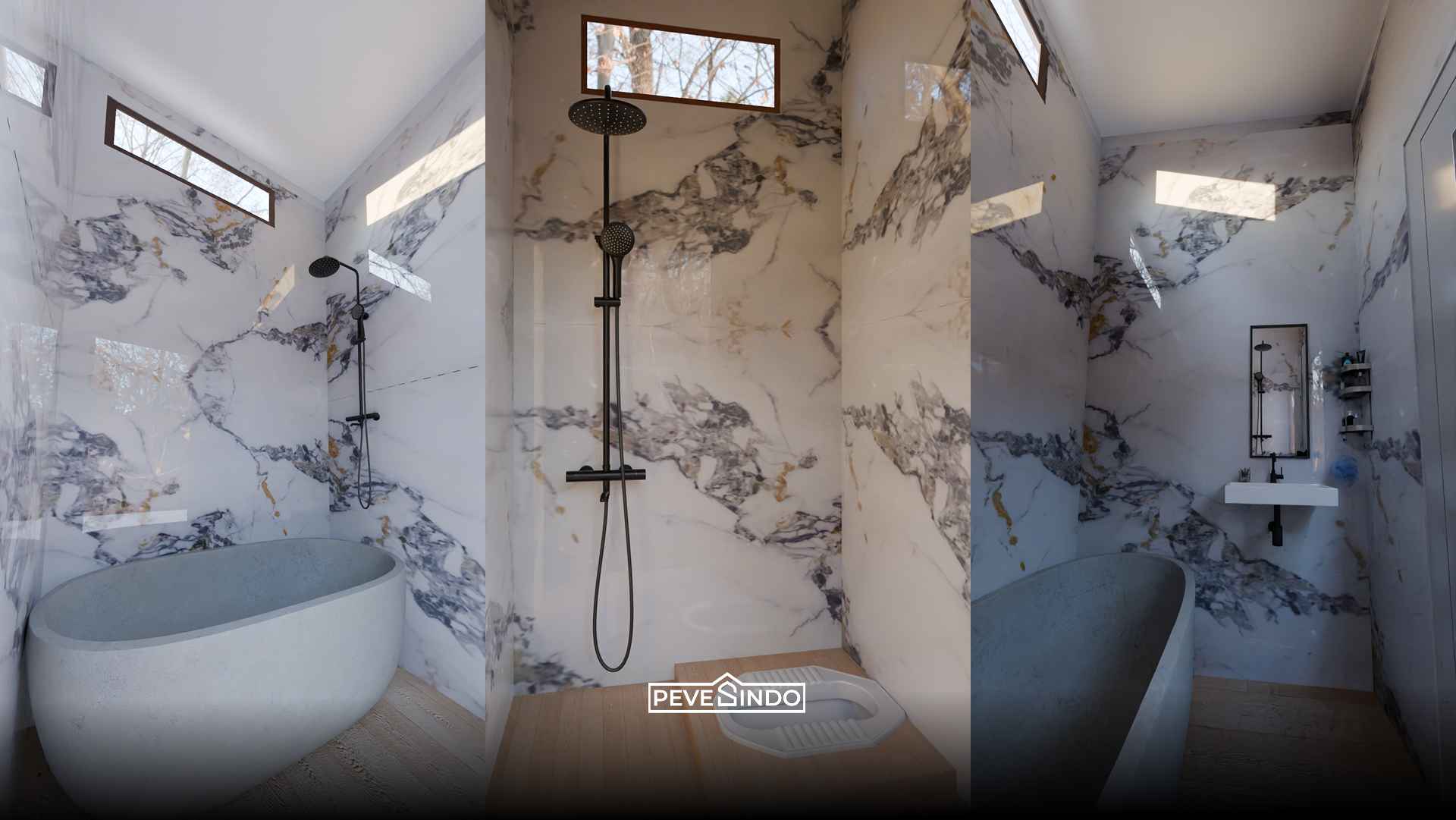 Kolase tiga sudut pandang desain interior kamar mandi ultra-mewah dengan dinding tertutup penuh UV Board motif marmer urat dramatis, dilengkapi bathtub teraso, sistem shower hitam, kloset jongkok modern, dan wastafel minimalis.