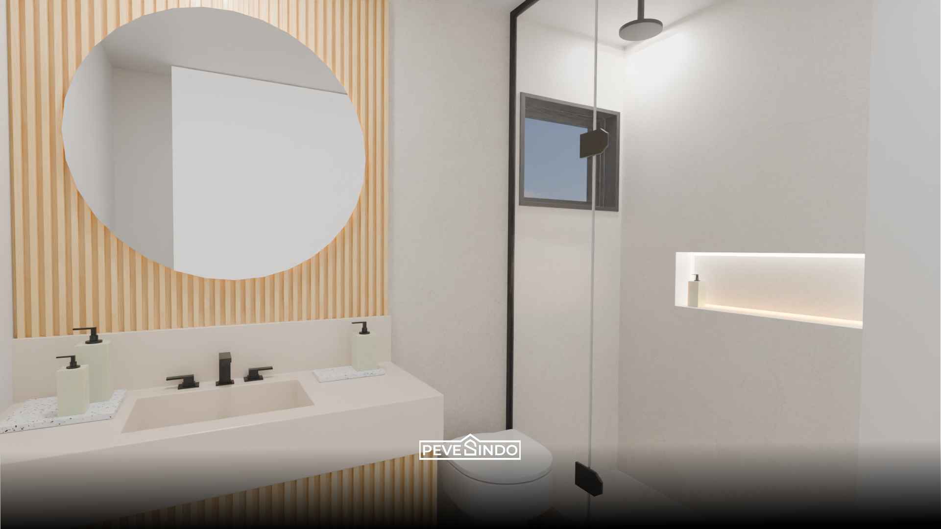 Desain area wastafel kamar mandi bernuansa Japandi dengan aksen wallpanel WPC kayu terang di belakang cermin bulat, berpadu dengan dinding polos tahan air dan kabinet minimalis.