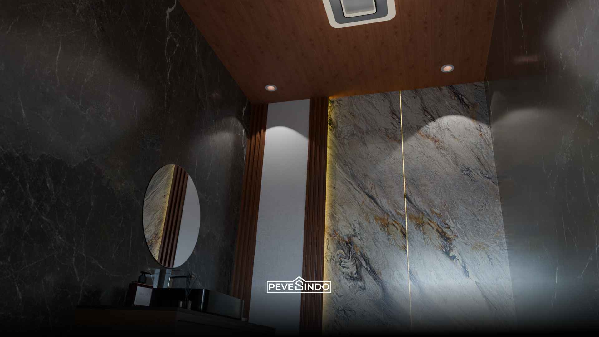 Desain interior kamar mandi bernuansa gelap elegan menggunakan pelapis dinding UV board marmer hitam, aksen wallpanel WPC, dan plafon PVC kayu anti air.