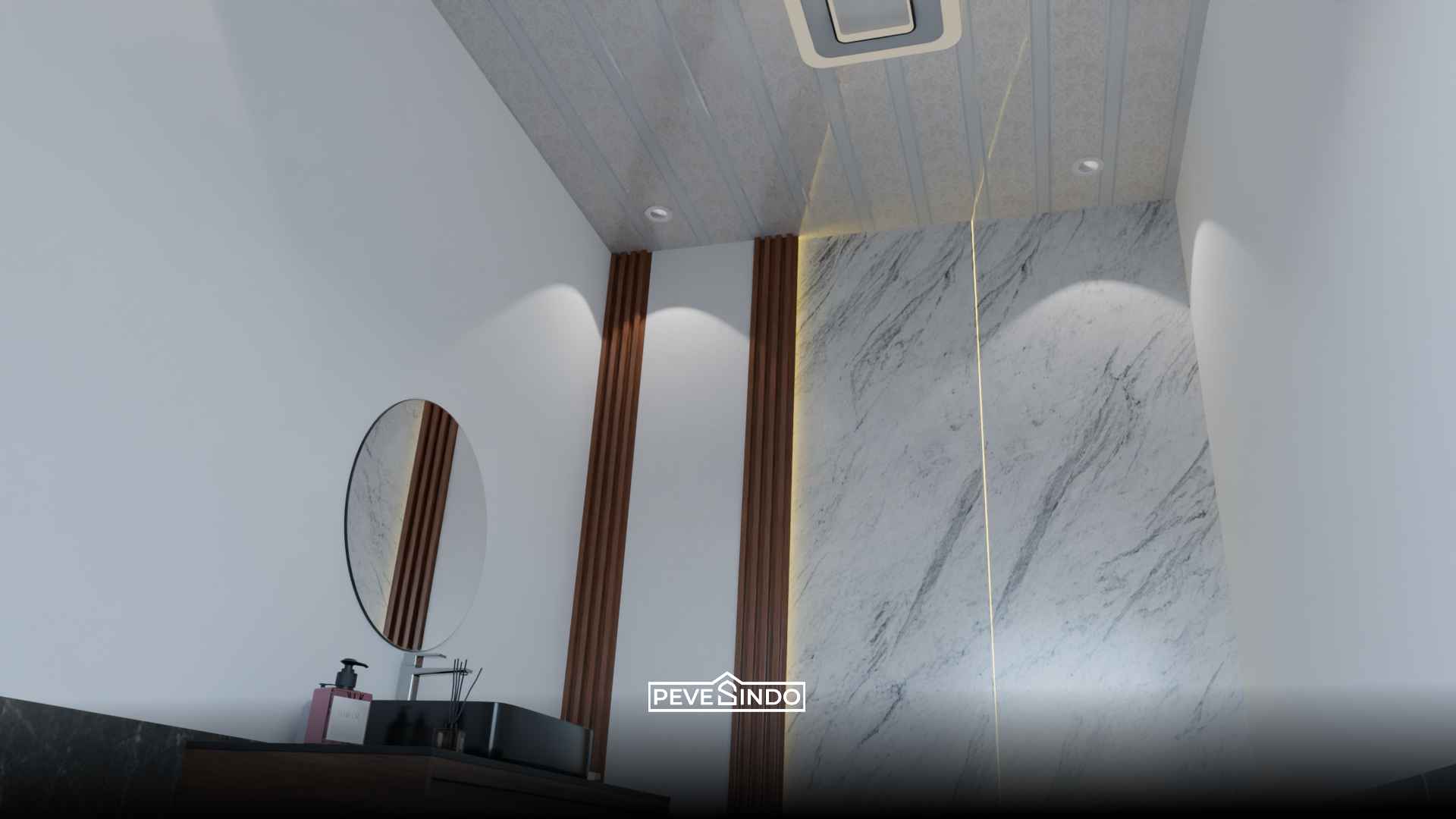 Desain area wastafel kamar mandi minimalis modern dengan dinding pelapis UV board marmer putih, aksen wallpanel WPC vertikal, dan plafon PVC bergaris tahan air.