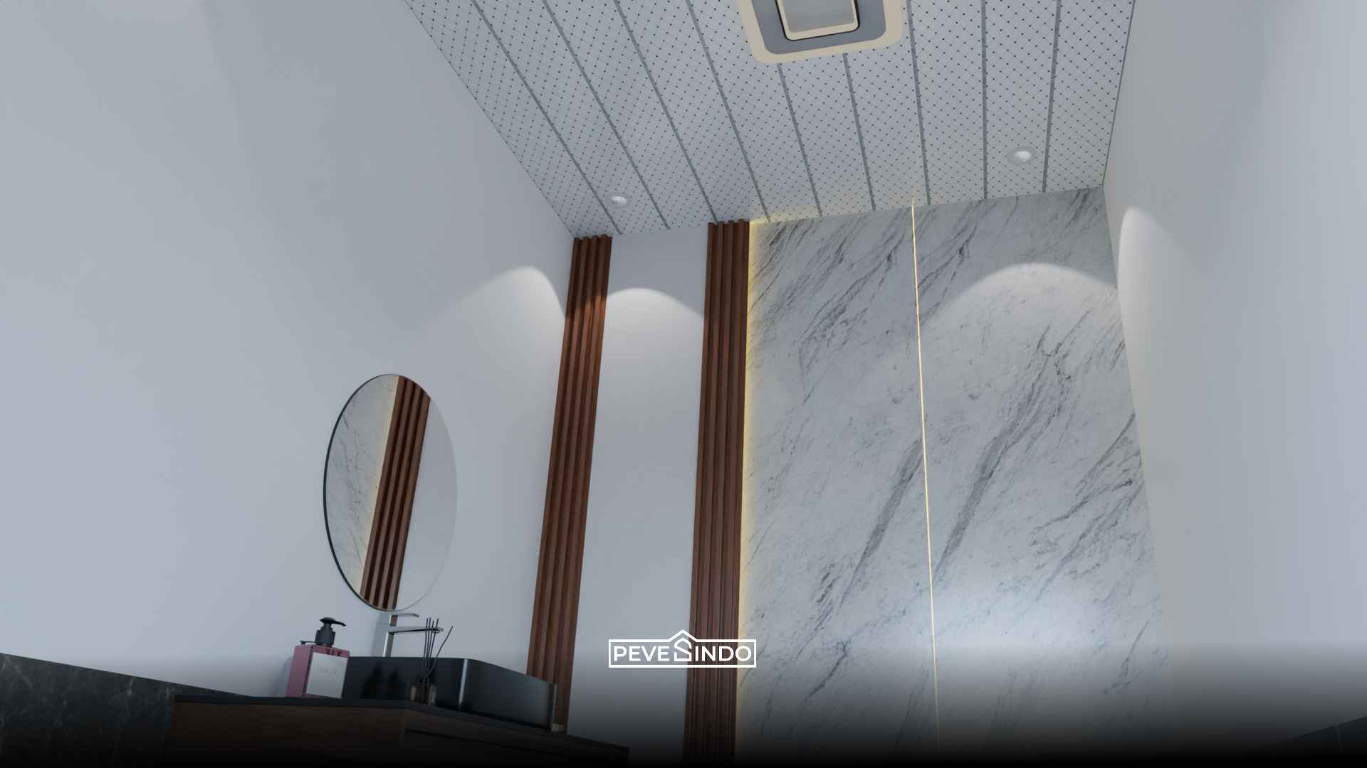 Desain area wastafel kamar mandi modern dengan dinding pelapis UV board marmer putih, aksen wallpanel WPC cokelat, dan plafon PVC bermotif yang tahan air.