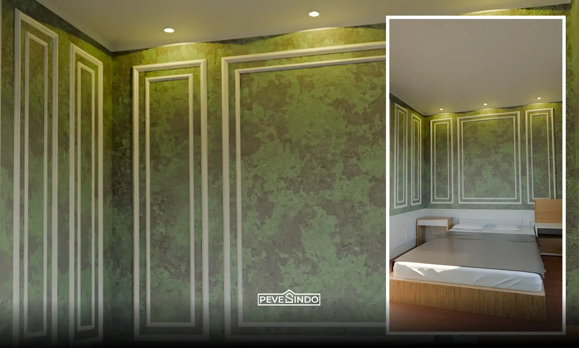 Desain interior kamar tidur gaya klasik modern dengan aksen dinding hijau bertekstur yang dibingkai list molding PVC putih dan aplikasi lantai vinyl motif kayu.