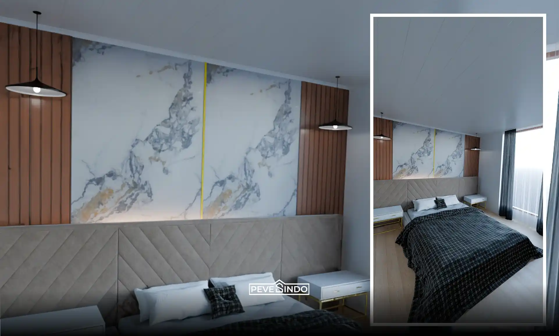 Desain interior kamar tidur utama elegan dengan dinding aksen kombinasi UV board marmer putih dan WPC wall panel kayu bersimetris di atas headboard kasur.
