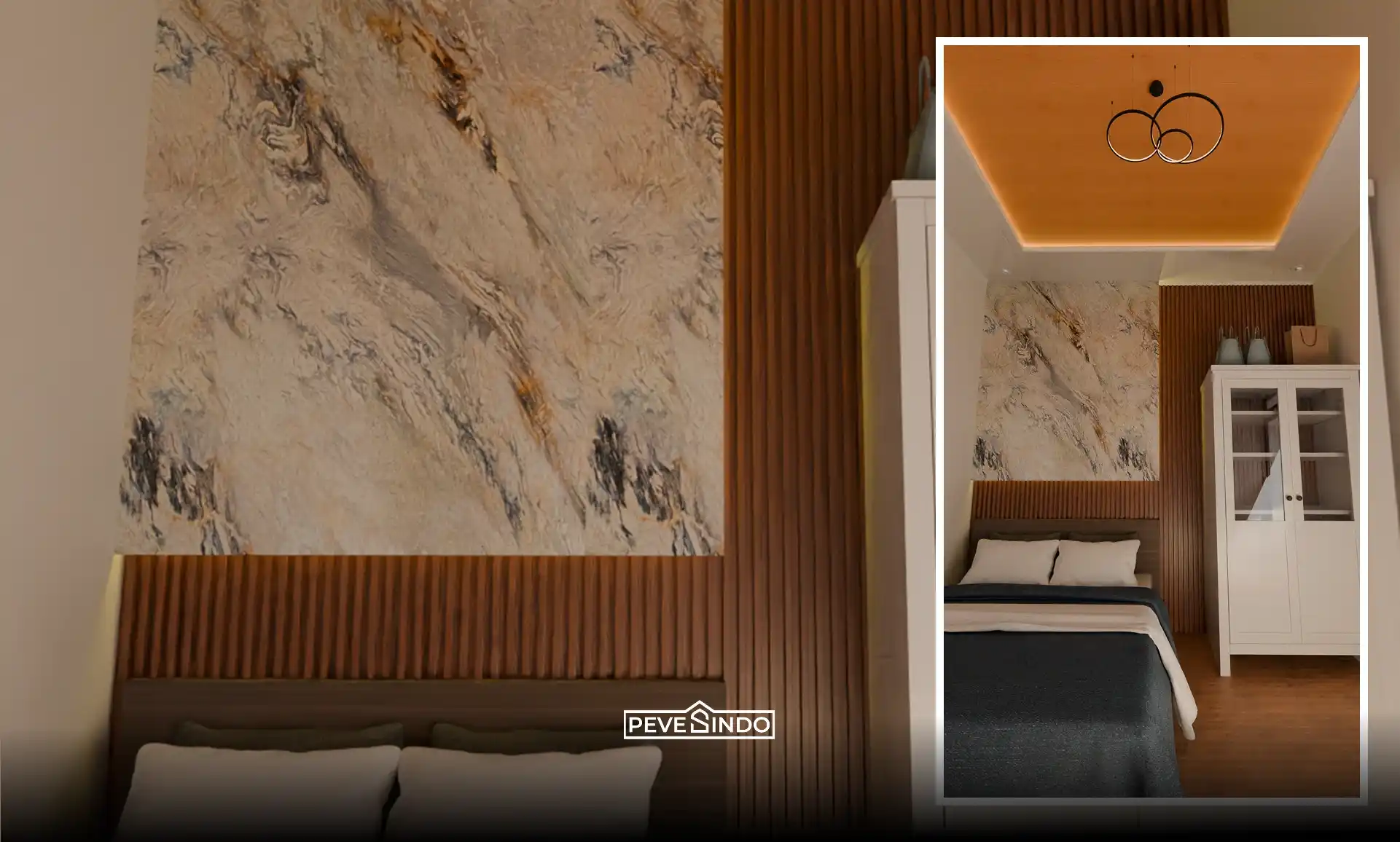 Desain headboard kamar tidur modern dengan kombinasi WPC wall panel bertekstur kayu vertikal dan UV board motif marmer abstrak yang elegan.