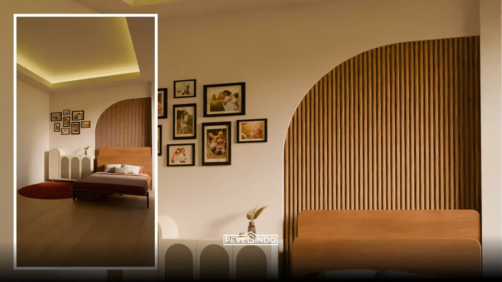 Desain interior kamar tidur estetik dengan aksen headboard lengkung dari WPC wall panel tekstur kayu, lantai vinyl senada, dan dekorasi bingkai foto dinding.