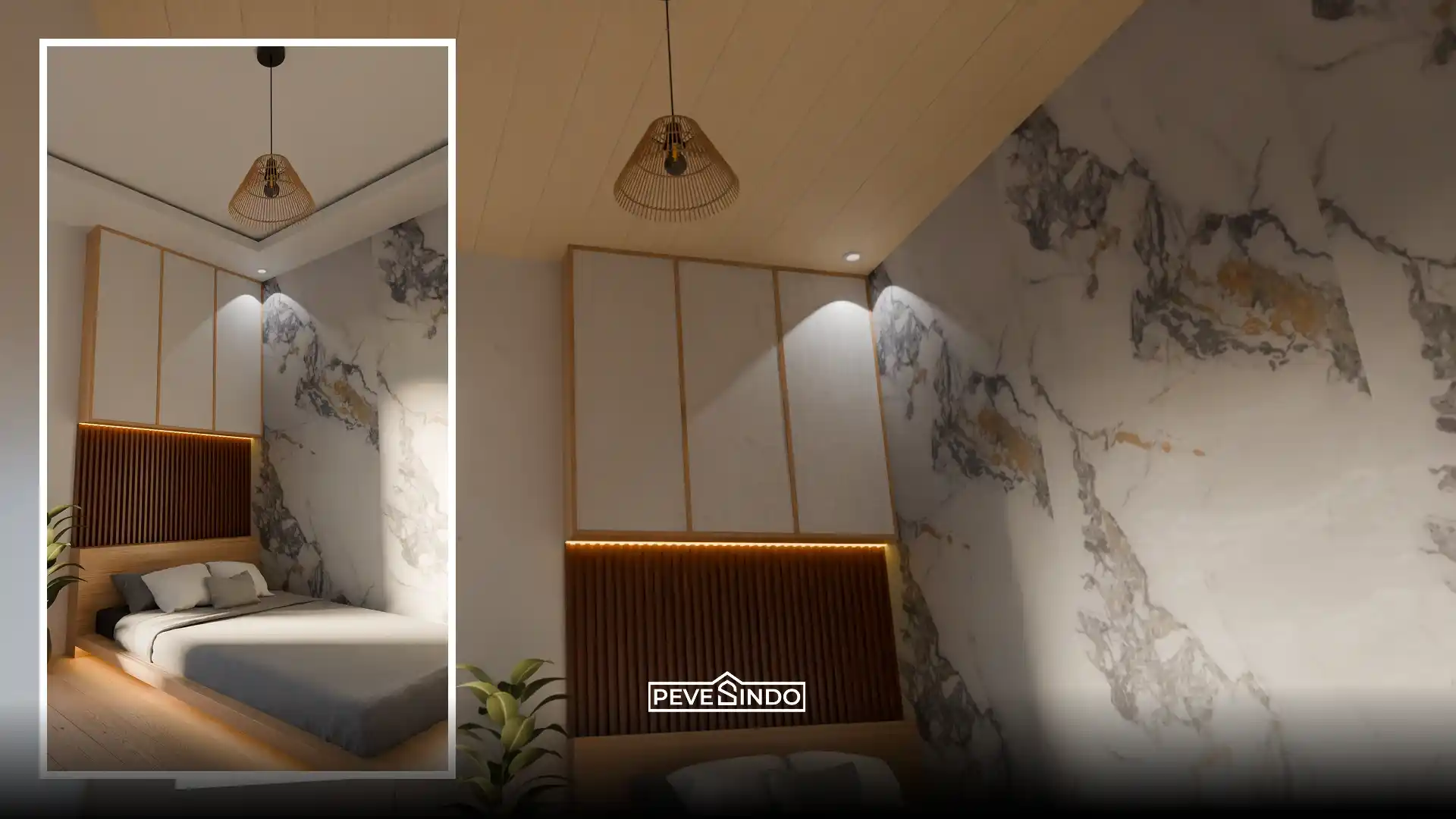 Desain interior kamar tidur modern bernuansa hangat dengan headboard WPC wall panel kisi-kisi kayu, pencahayaan LED tersembunyi, dan dinding aksen UV board motif marmer putih.