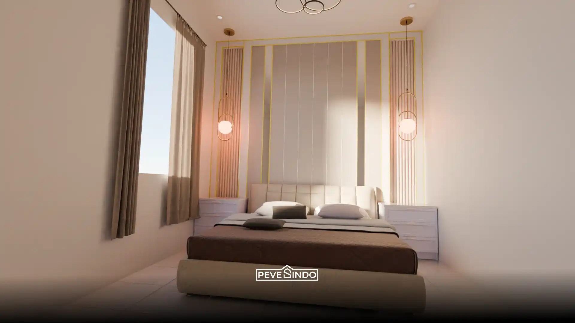 Desain headboard kamar tidur elegan dengan aplikasi WPC wall panel bertekstur vertikal di sisi kanan kiri dan aksen list profil dekoratif berwarna emas.