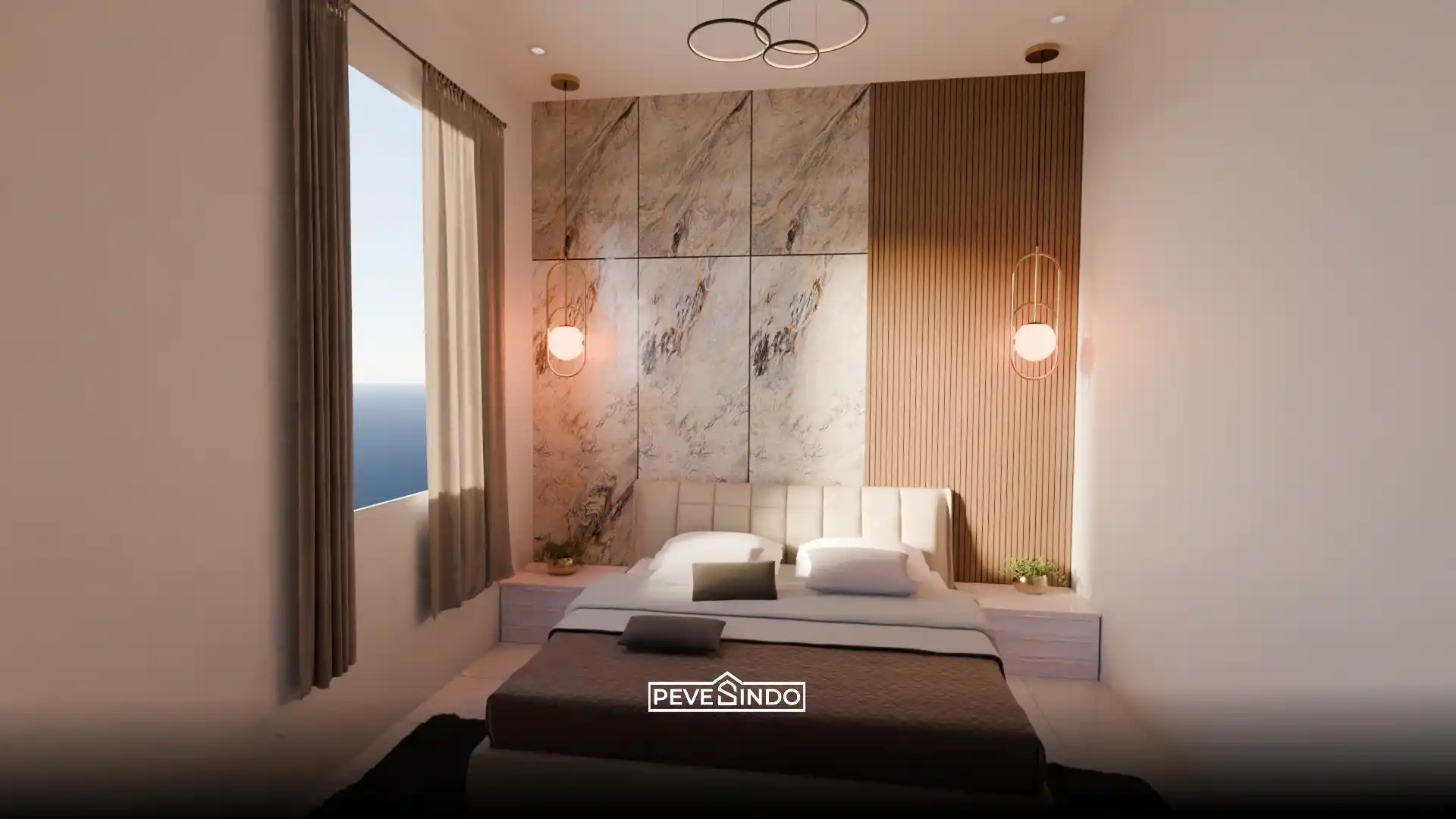 Desain interior kamar tidur modern dengan headboard kasur elegan kombinasi WPC wall panel kisi-kisi kayu dan UV board motif marmer mewah.