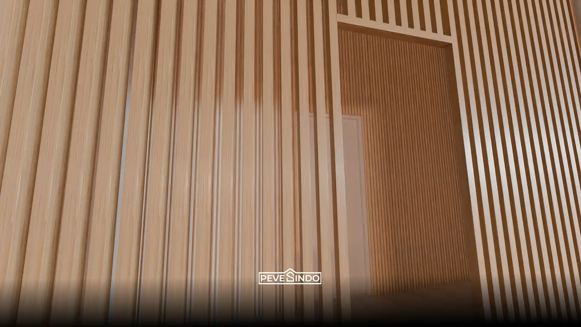 Desain partisi ruangan minimalis menggunakan WPC wallpanel motif kayu vertikal dengan celah untuk sirkulasi cahaya dan udara.