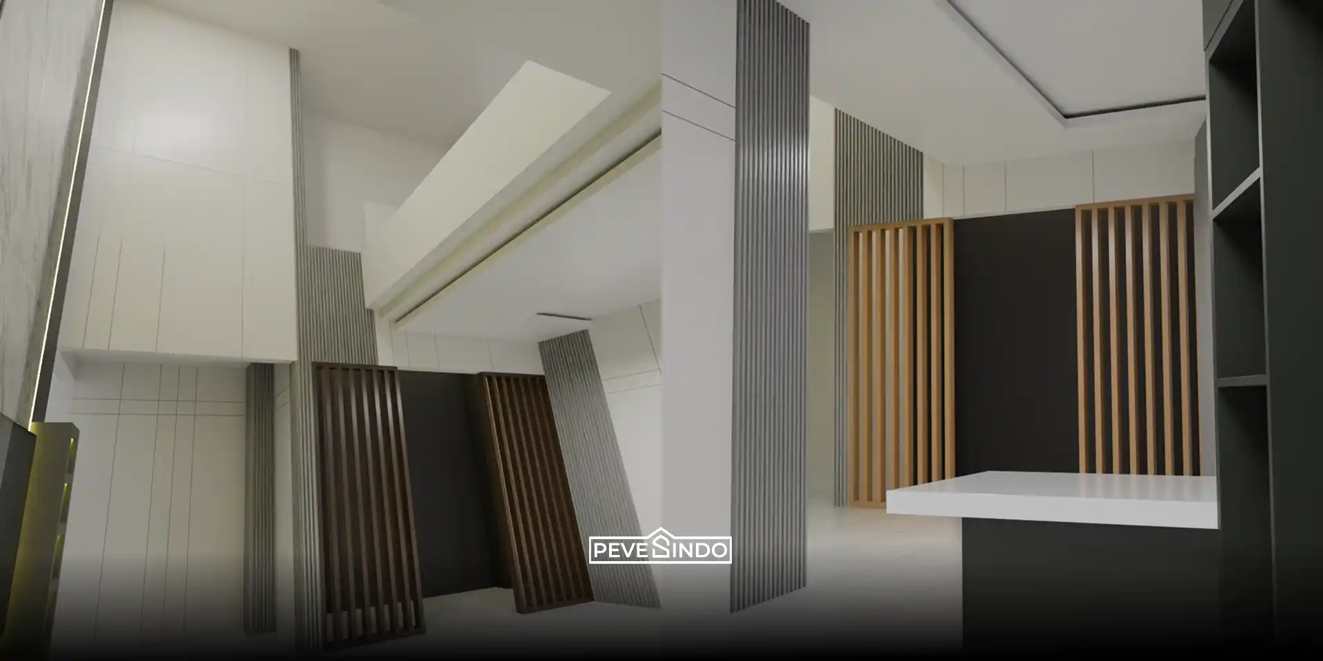 Desain interior modern dengan kombinasi pilar berlapis WPC wallpanel abu-abu dan partisi ruangan kisi-kisi kayu minimalis.