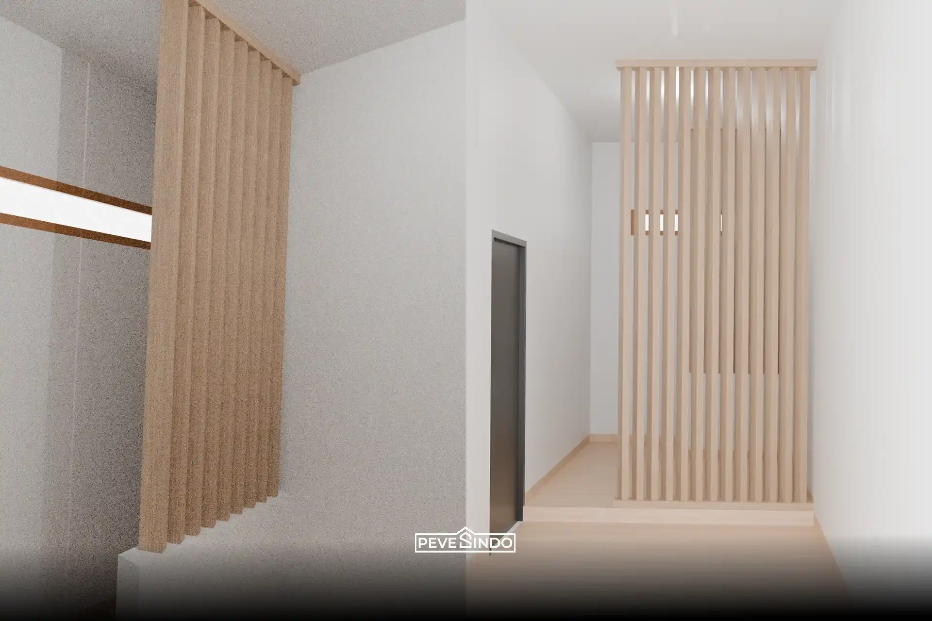 Desain sekat lorong rumah minimalis bergaya Japandi menggunakan partisi kisi-kisi WPC motif kayu terang.