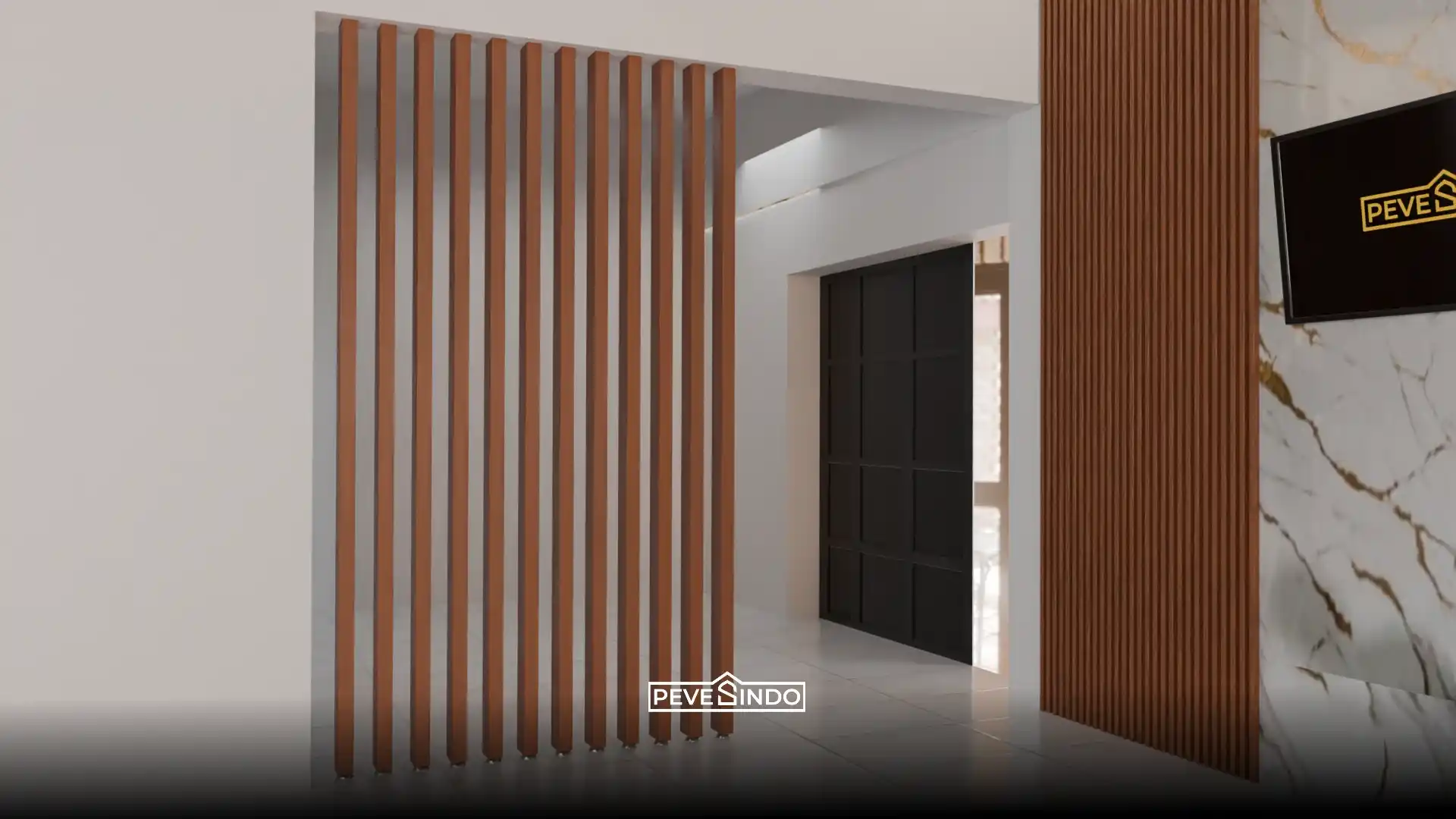 Desain kamar tidur minimalis dengan lantai SPC motif kayu terang dan partisi ruangan elegan dari kisi-kisi WPC wood panel.