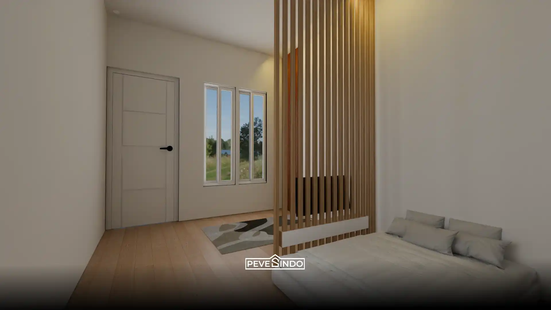 Pembatas ruangan minimalis multifungsi sebagai backdrop TV menggunakan material WPC kisi-kisi kayu di atas lantai SPC.