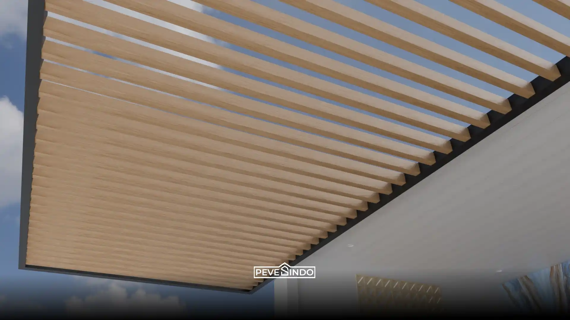 Desain kanopi semi-outdoor estetis menggunakan material WPC kisi-kisi kayu berongga yang berdampingan dengan atap plafon PVC putih.