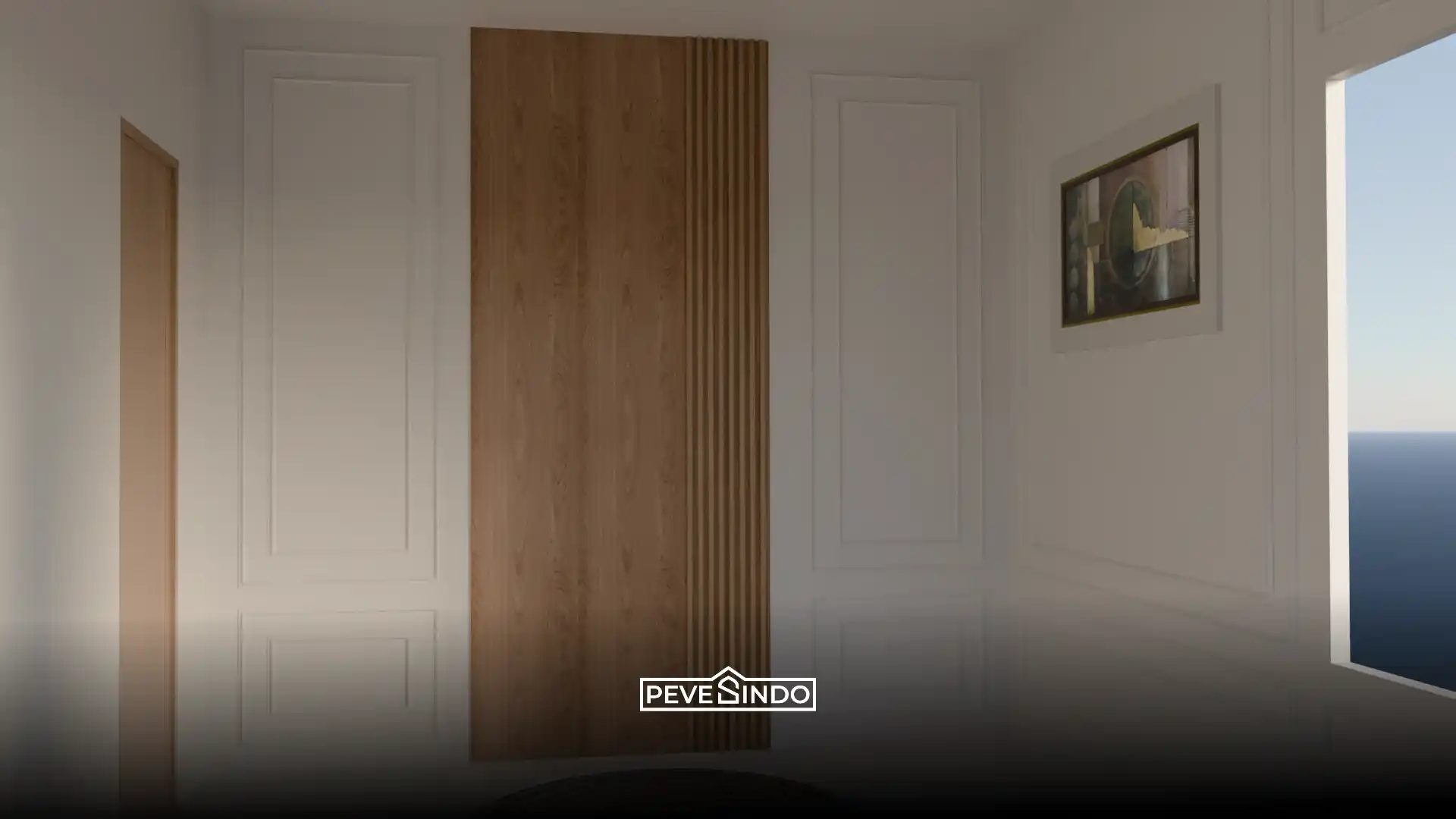 Paduan desain dinding Pevesindo motif kayu untuk interior ruang kerja.