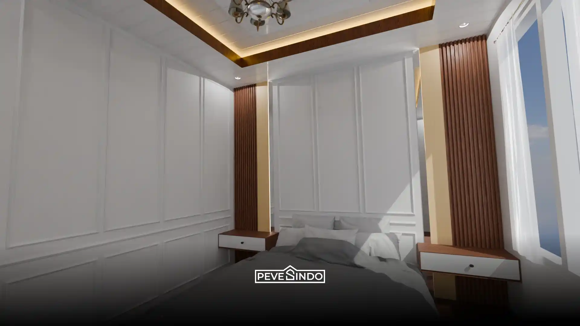 Bingkai wall moulding minimalis untuk dekorasi dinding kamar tidur.