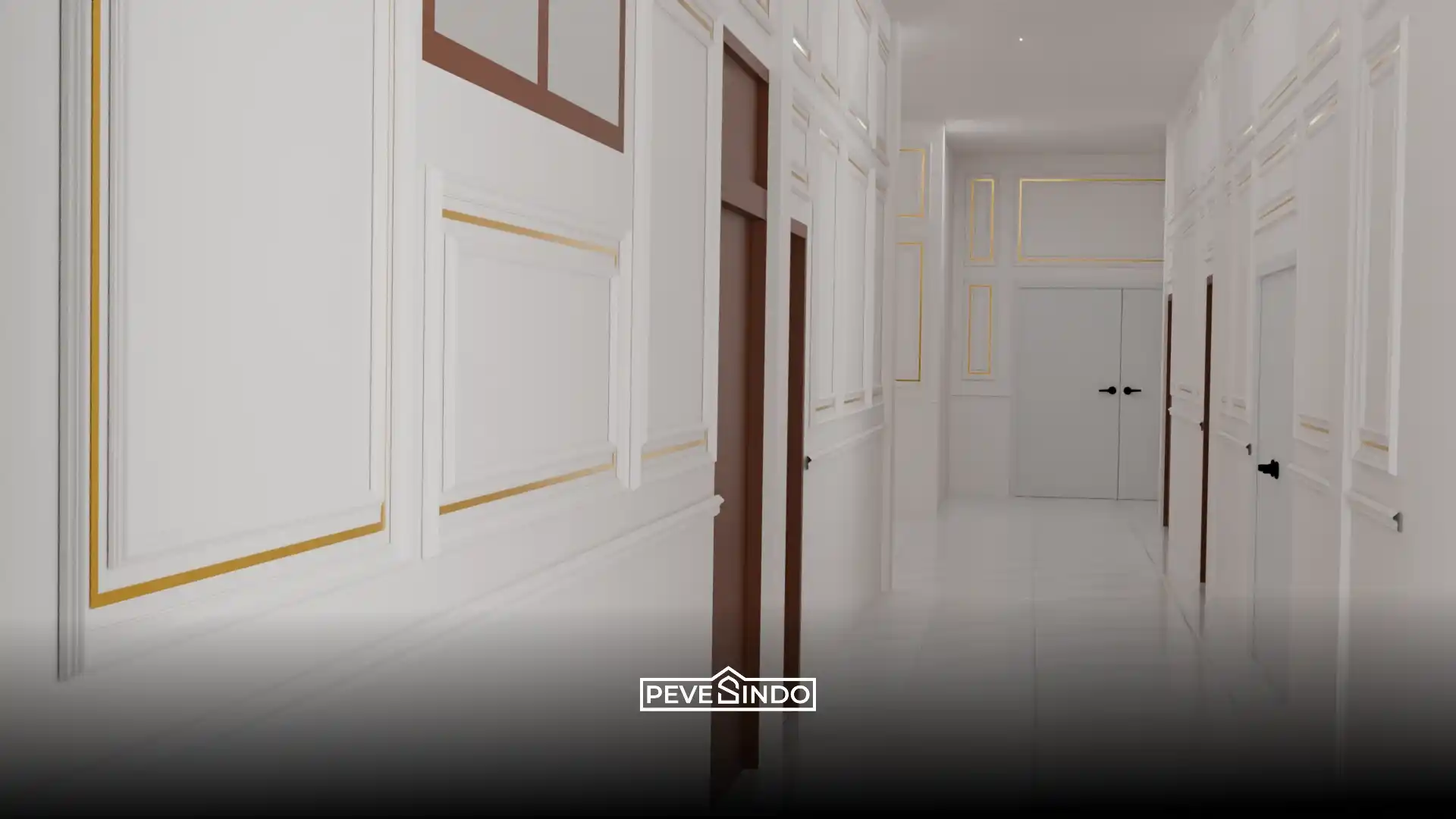 Dekorasi dinding lorong rumah menggunakan wall moulding simpel.