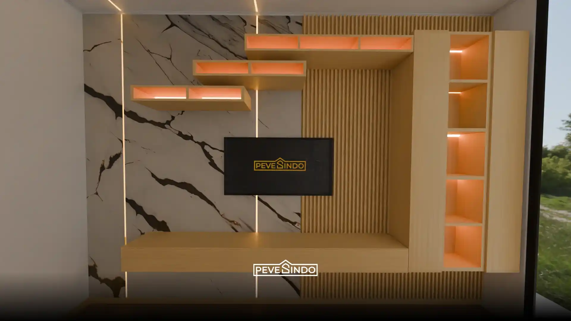 Pemasangan uv board motif marmer untuk backdrop TV yang rapi di ruang keluarga.