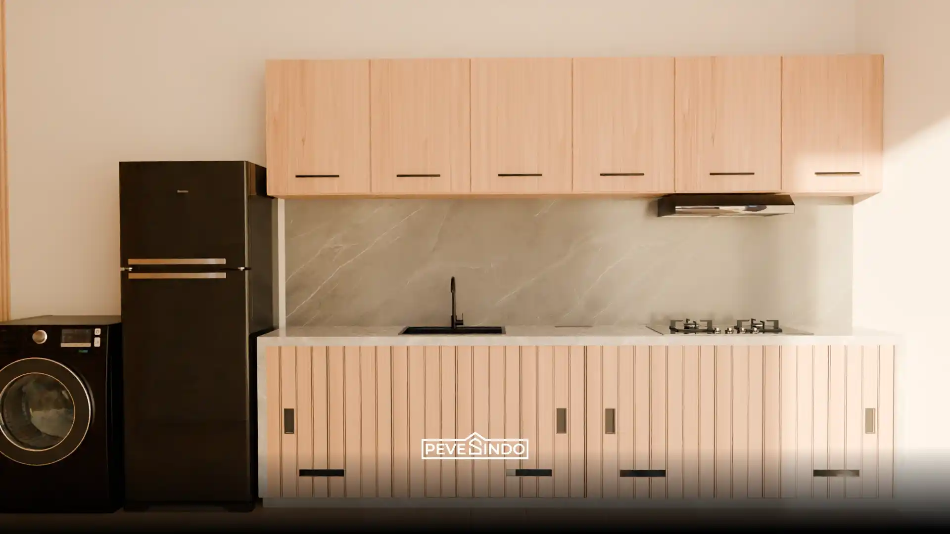 Penggunaan uv board sebagai backsplash dapur yang mudah dibersihkan dari minyak.
