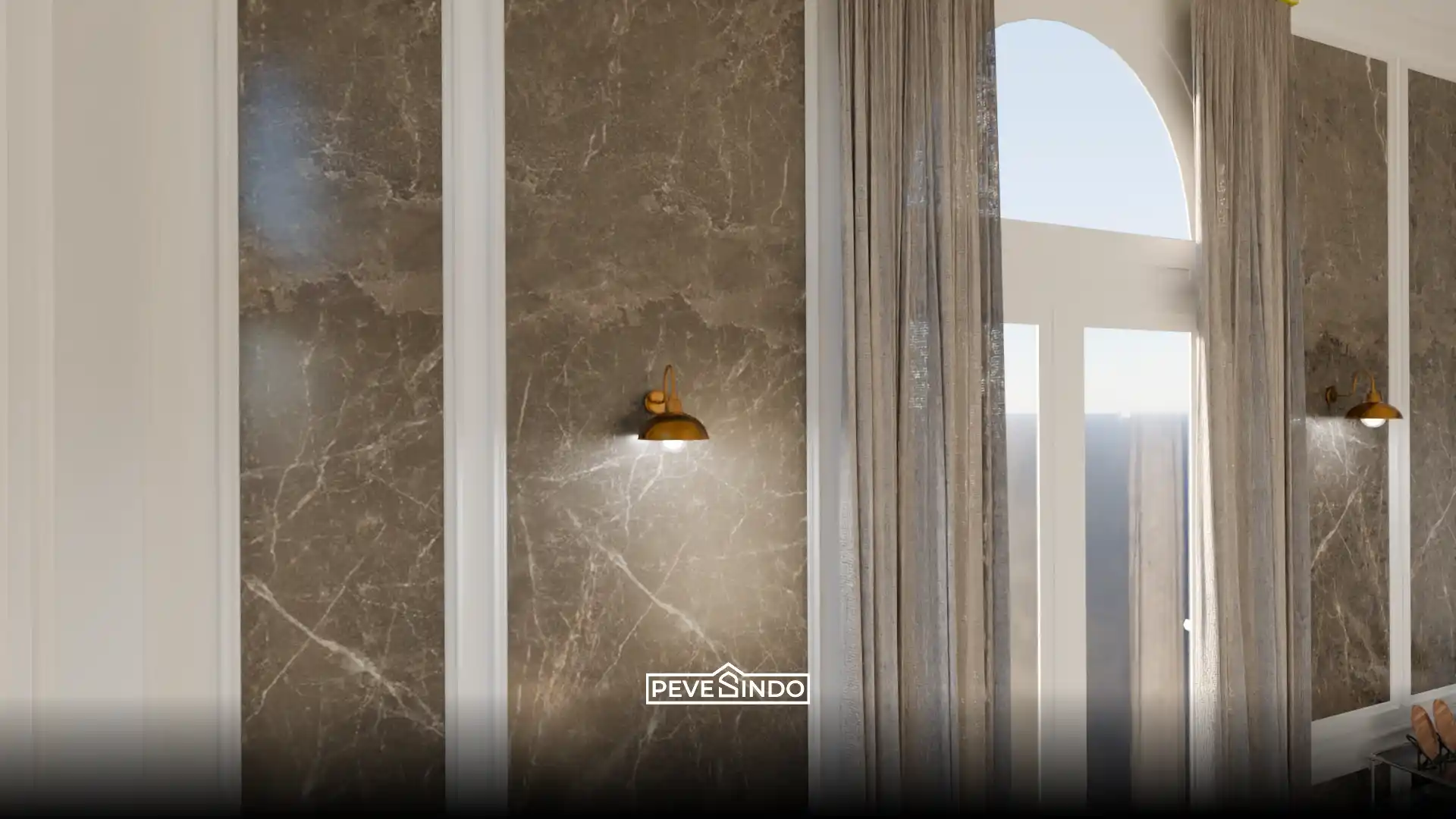 Lorong rumah yang elegan dan terang berkat aplikasi uv board dari distributor lokal.