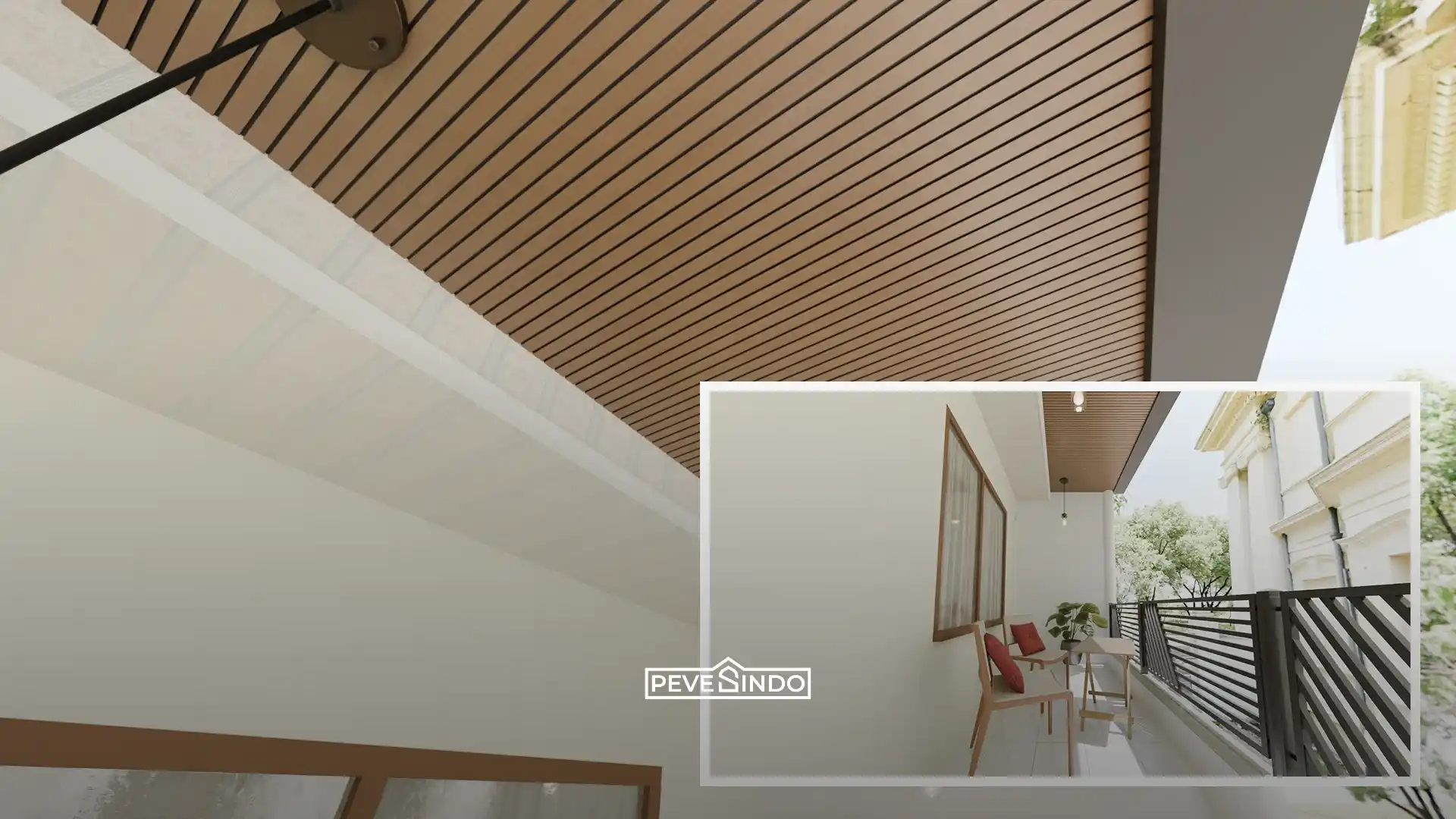 Langit-langit teras rumah menggunakan plafon PVC yang tahan air hujan dan cuaca panas.