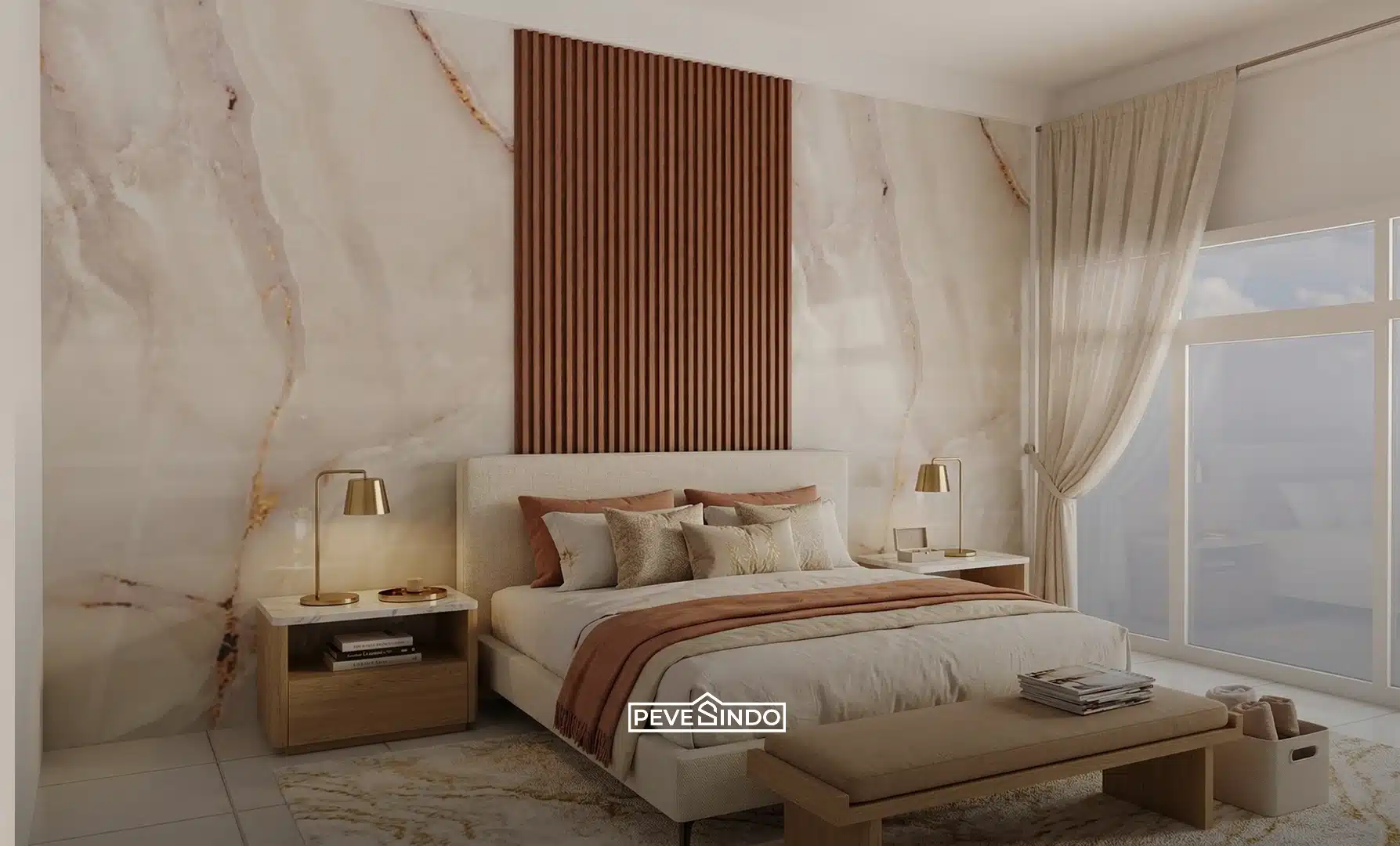 Pemasangan wall panel wpc di area belakang kasur untuk menonjolkan titik fokus ruangan.