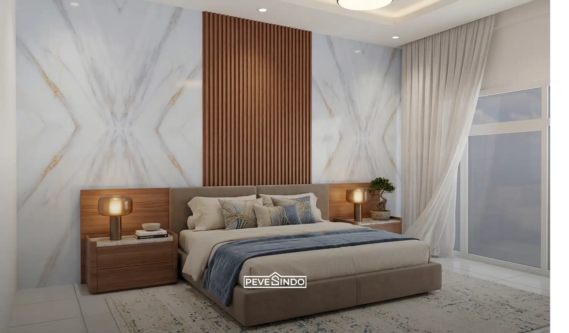 Desain dinding wallpanel diaplikasikan untuk menutupi tembok kamar yang mengelupas dan retak.